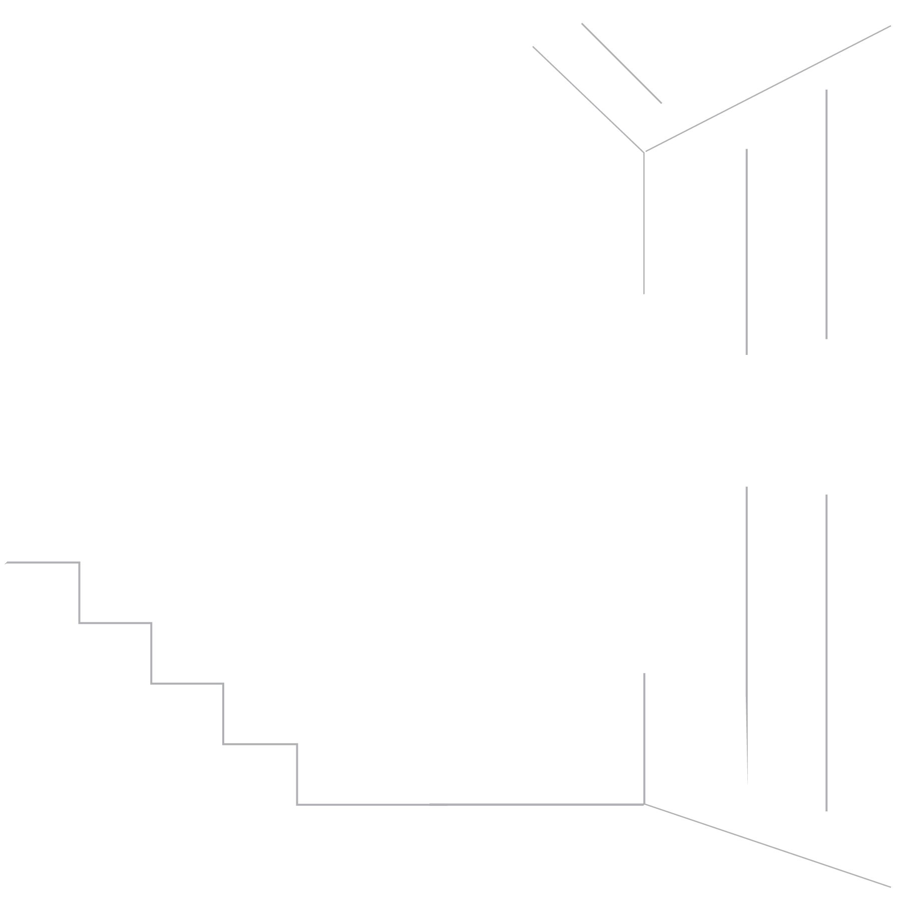 Diagram of an isometric building structure with white outlines, showing a staircase, rooms, and various lines indicating dimensions and measurements.