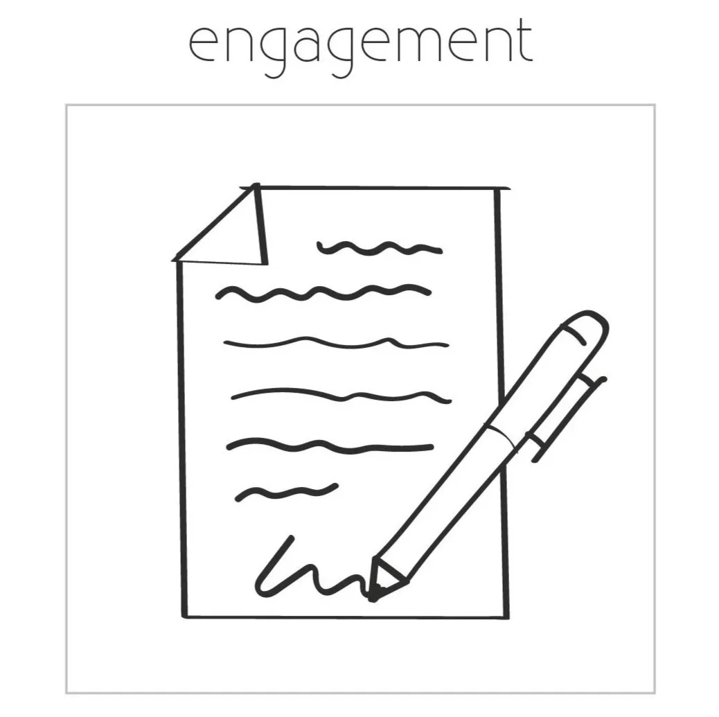A line drawing of a signed document and a pen, with the word 'engagement' at the top.