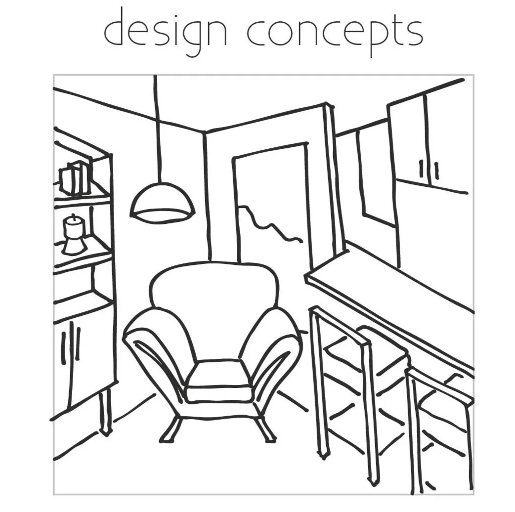 Line drawing of a room with a large armchair, cabinets, a hanging pendant light, and shelves, illustrating interior design concepts.