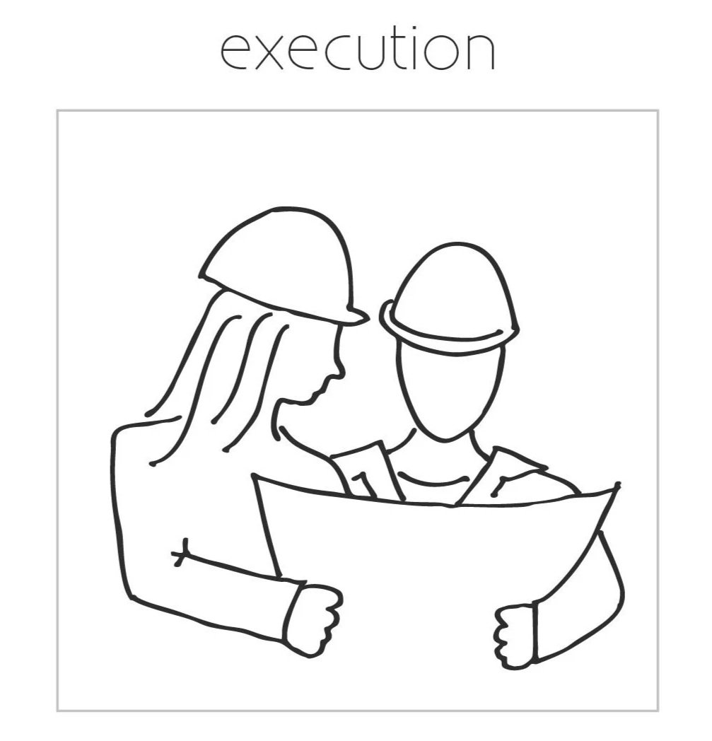A line drawing of two construction workers wearing helmets and examining a blueprint.