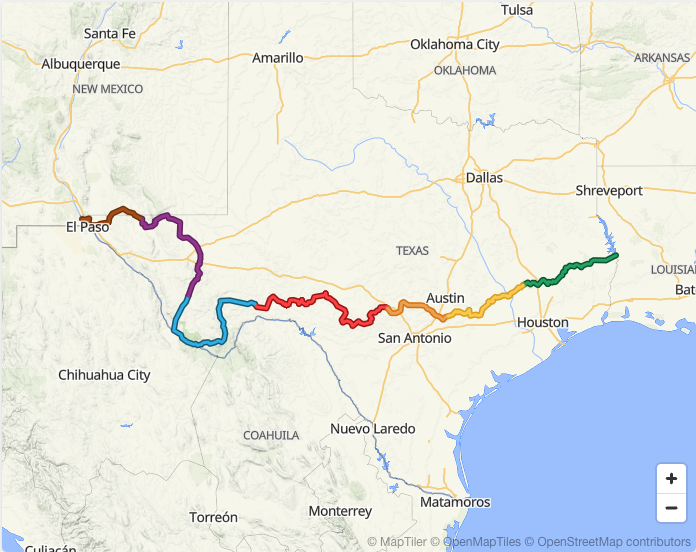 Map of Texas showing the xTexas Trail divided into seven color-coded sections stretching from Louisiana through East Texas, Central Texas, West Texas, and ending near El Paso.