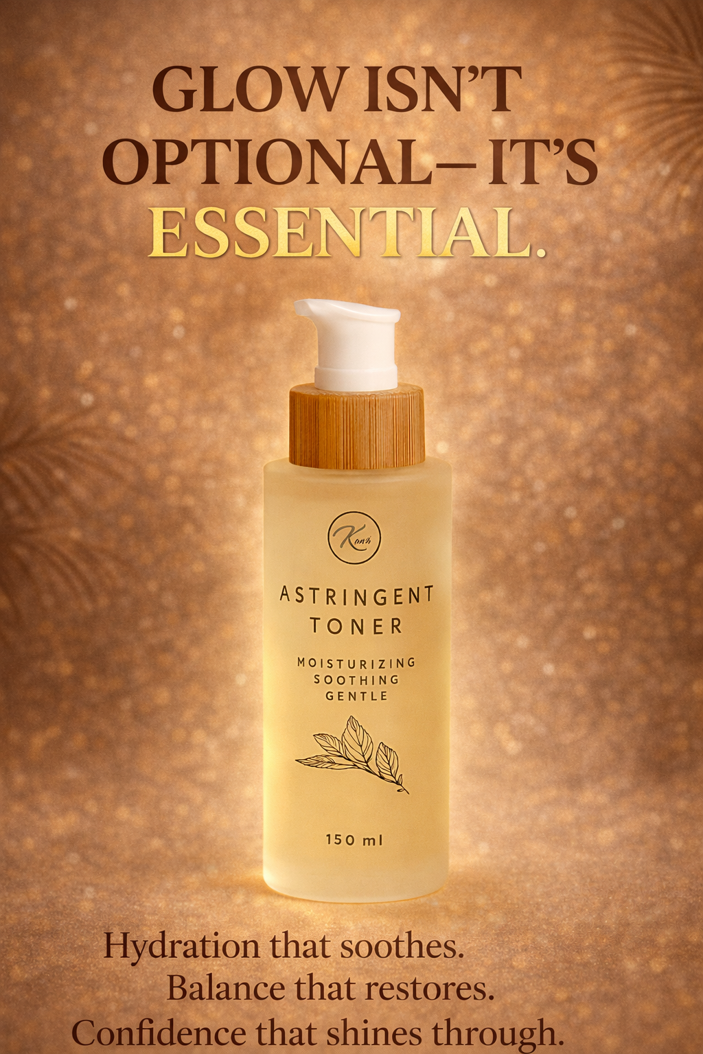 A bottle of moisturizing toner with a pump dispenser, featuring a wooden top and a simple label with a leaf illustration. The background has a warm, glittery gold tone, with the text "Glow isn't optional—it's essential," at the top, and three benefits of the toner written at the bottom: "Hydration that soothes. Balance that restores. Confidence that shines through."