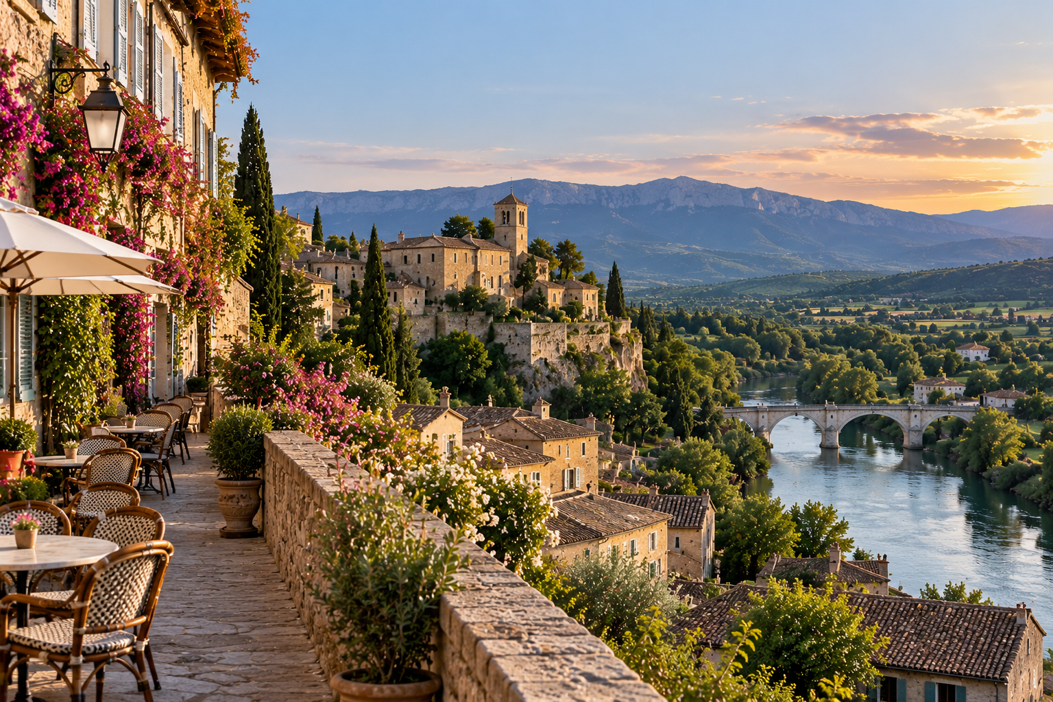 Scenic French countryside village overlooking a river and mountains, representing the Provence setting of Kari Essentials’ October beauty ritual