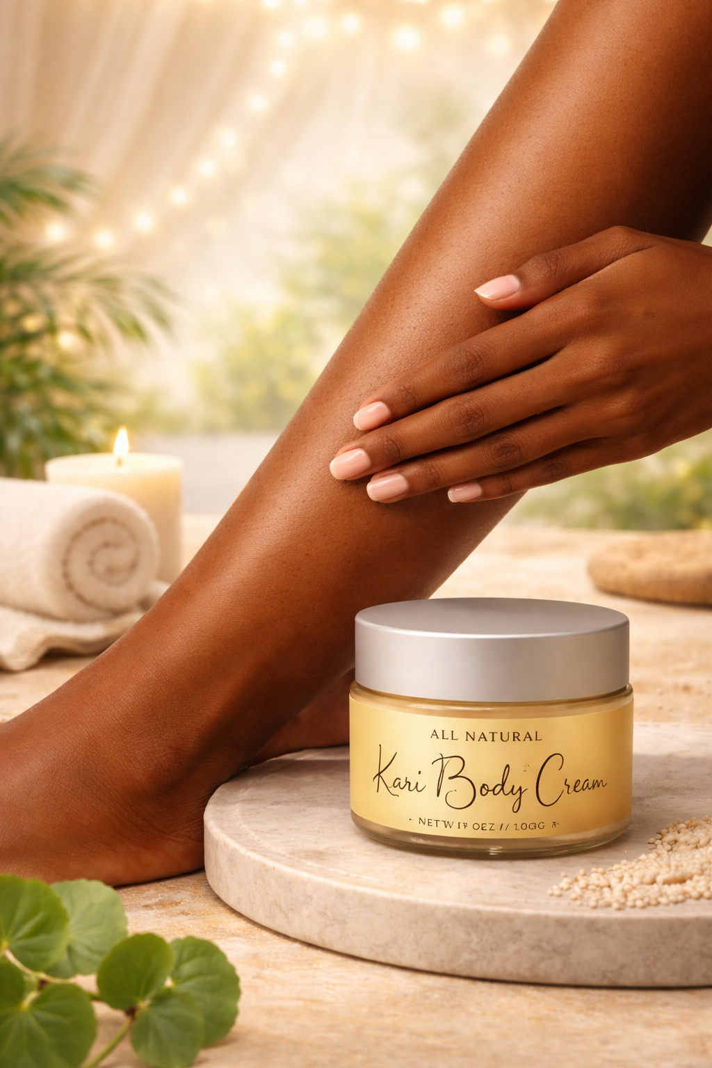 A person applying Kari Body Cream to their leg in a spa setting with lit candle, rolled towel, and greenery in the background.