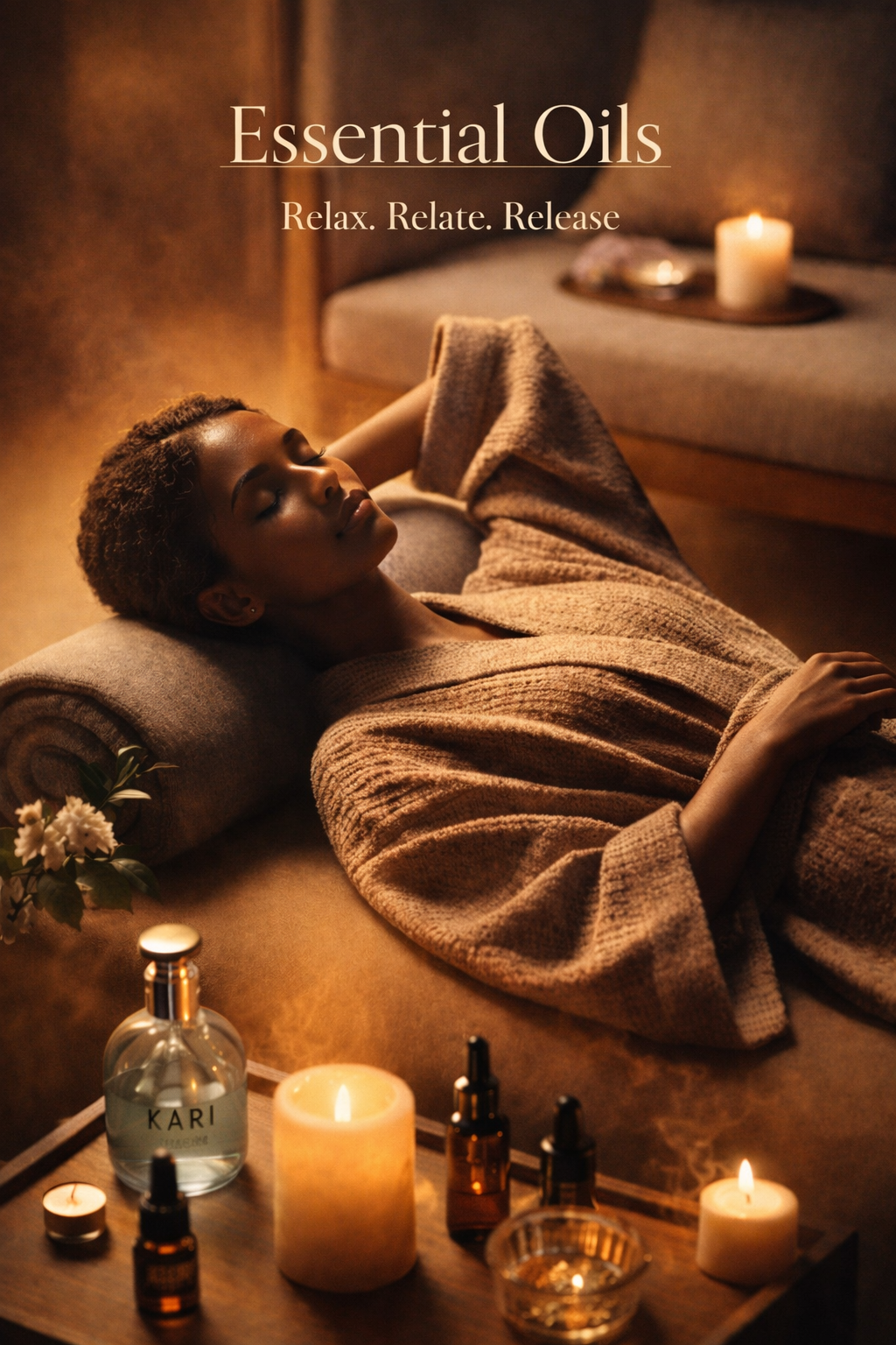 A woman relaxing with closed eyes in a cozy setting surrounded by candles and essential oils.