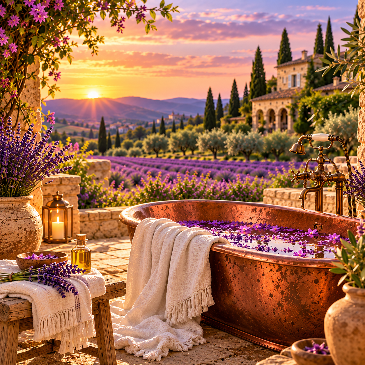 enjoying a lavender bath ritual in the French countryside for Kari Essentials’ October Ancient Beauty Ritual