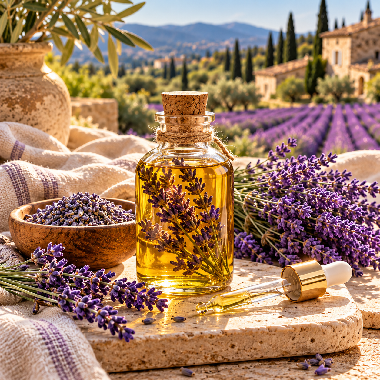 Lavender-infused body oil with dried lavender and fresh lavender bundles, featured in Kari Essentials’ October DIY beauty ritual