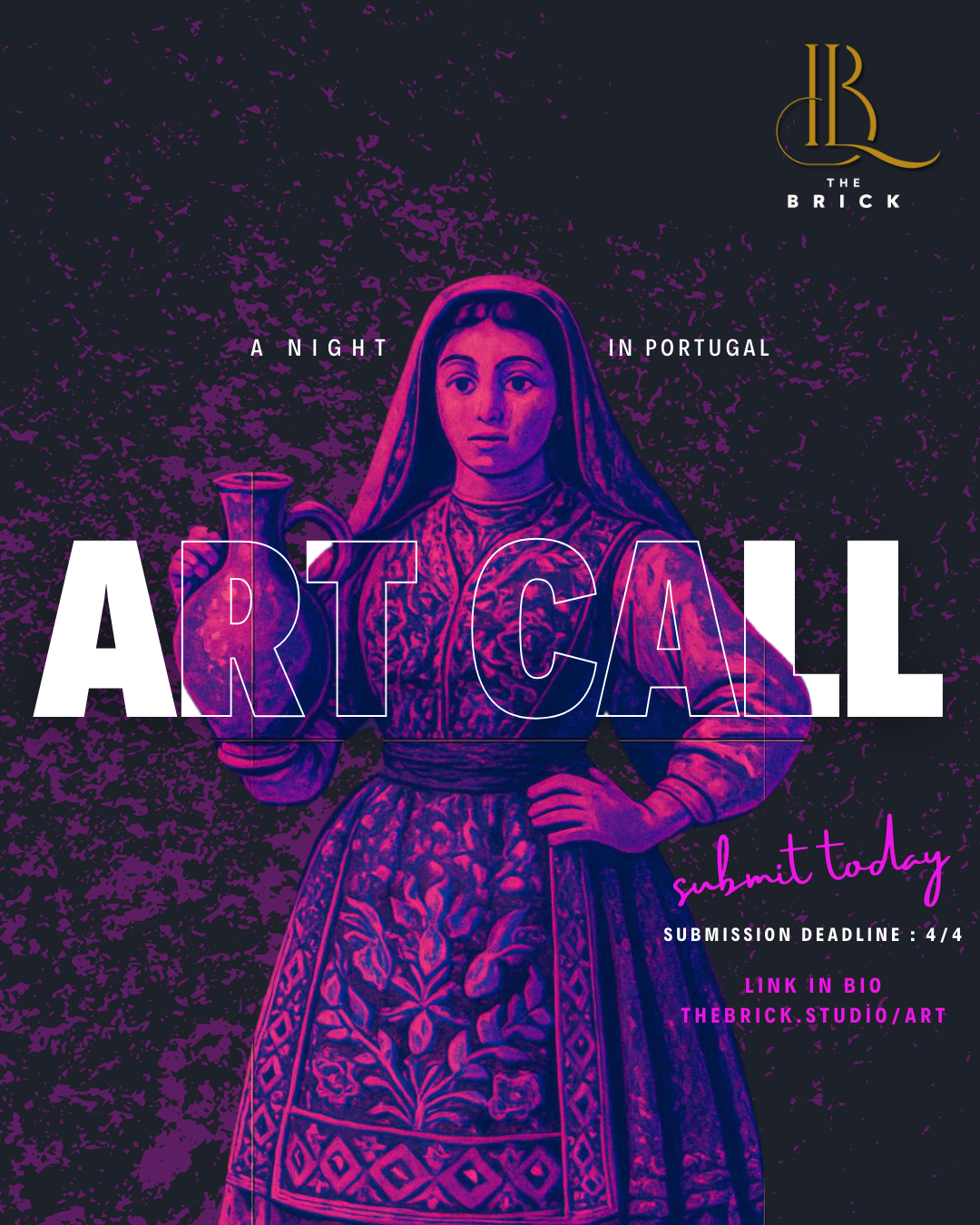 A poster for an art call event featuring a stylized image of a woman in traditional Portuguese clothing holding a cup, with text promoting submission and deadline details.