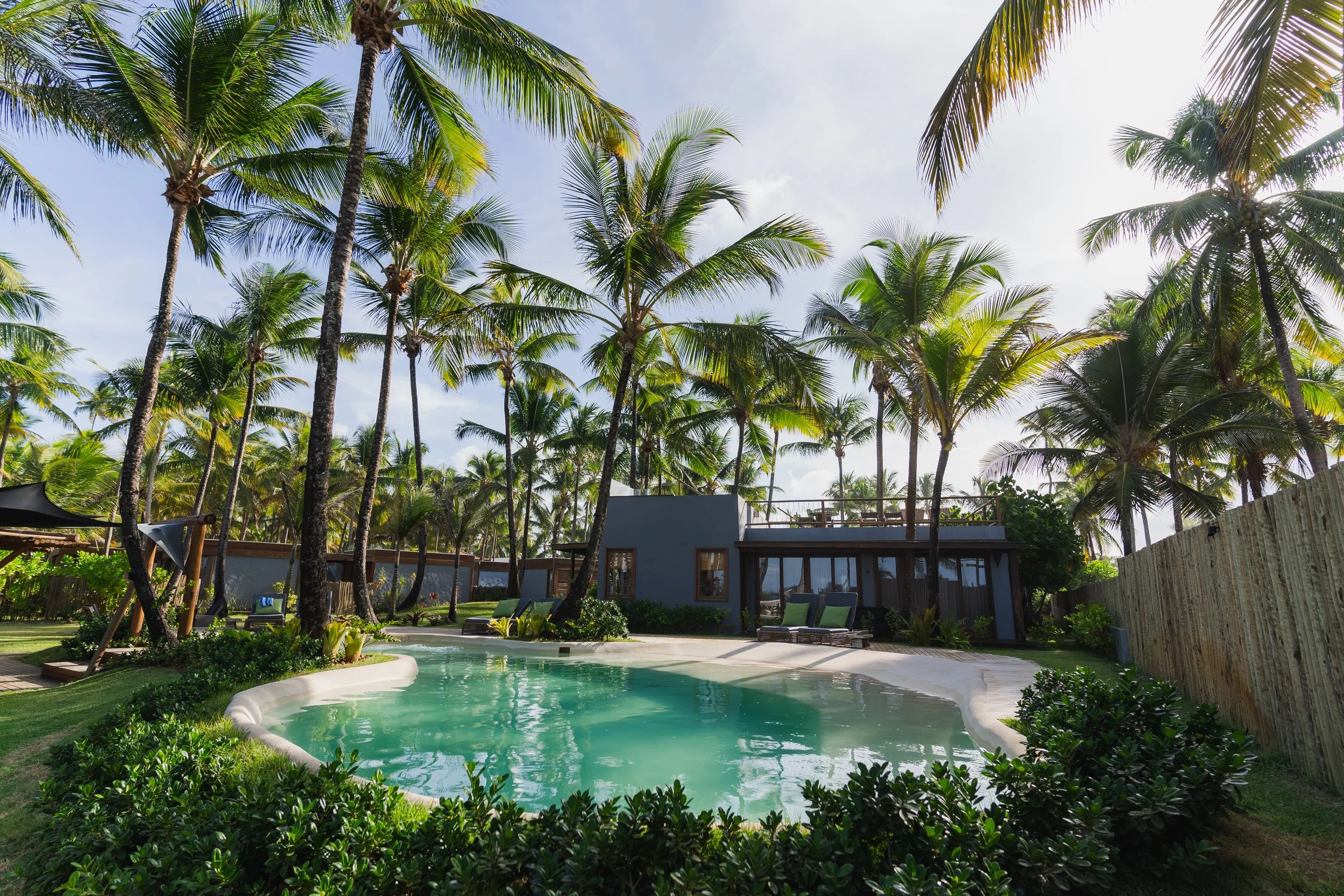 Piscina rodeada de coqueiros com uma casa ao fundo em um clima tropical.