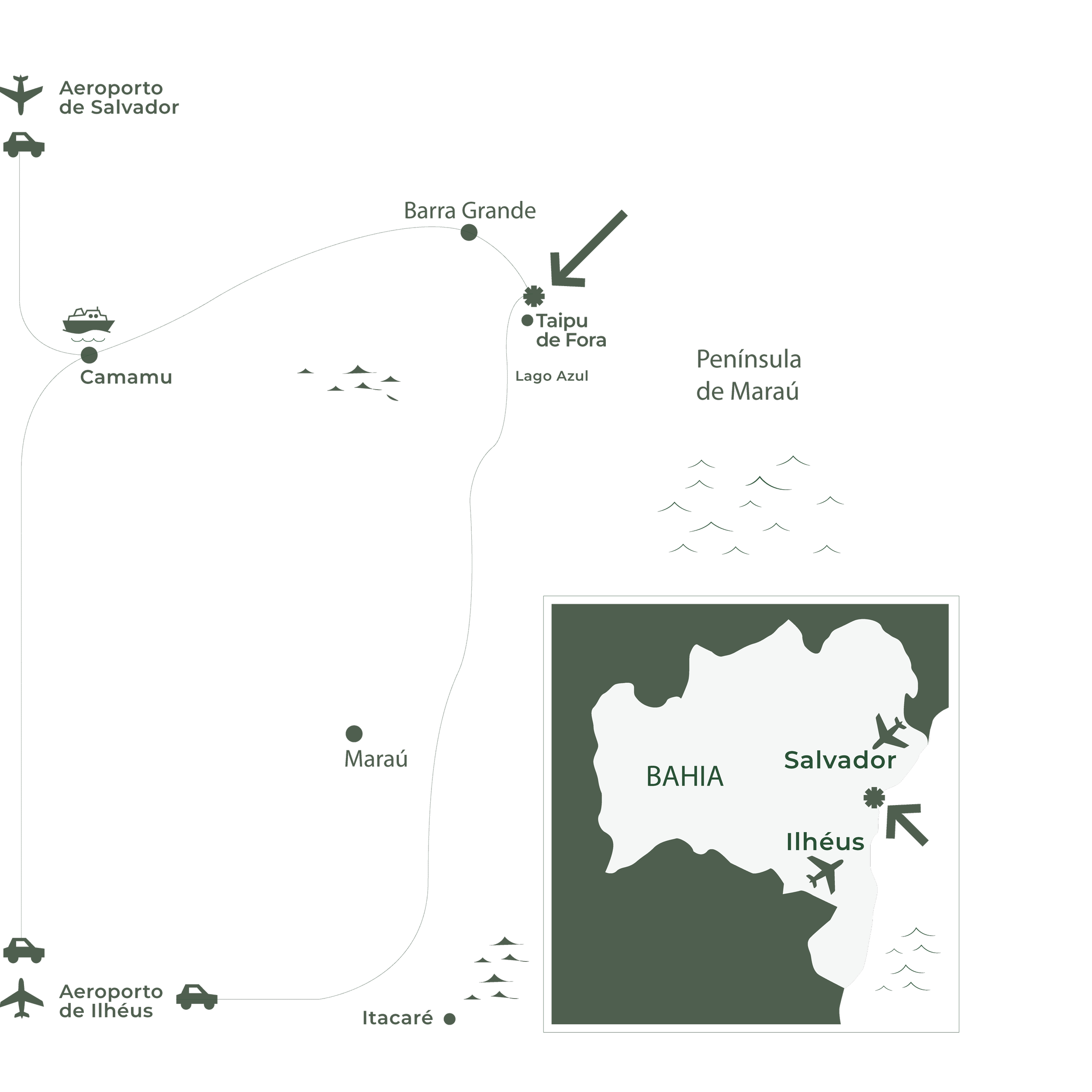 Mapa da Península de Maraú na Bahia, Brasil, destacando localidades como Barra Grande, Taipu de Fora e Lago Azul. Mostra conexões a partir dos aeroportos de Salvador e Ilhéus, além de transporte local em Camamu e Itacaré.