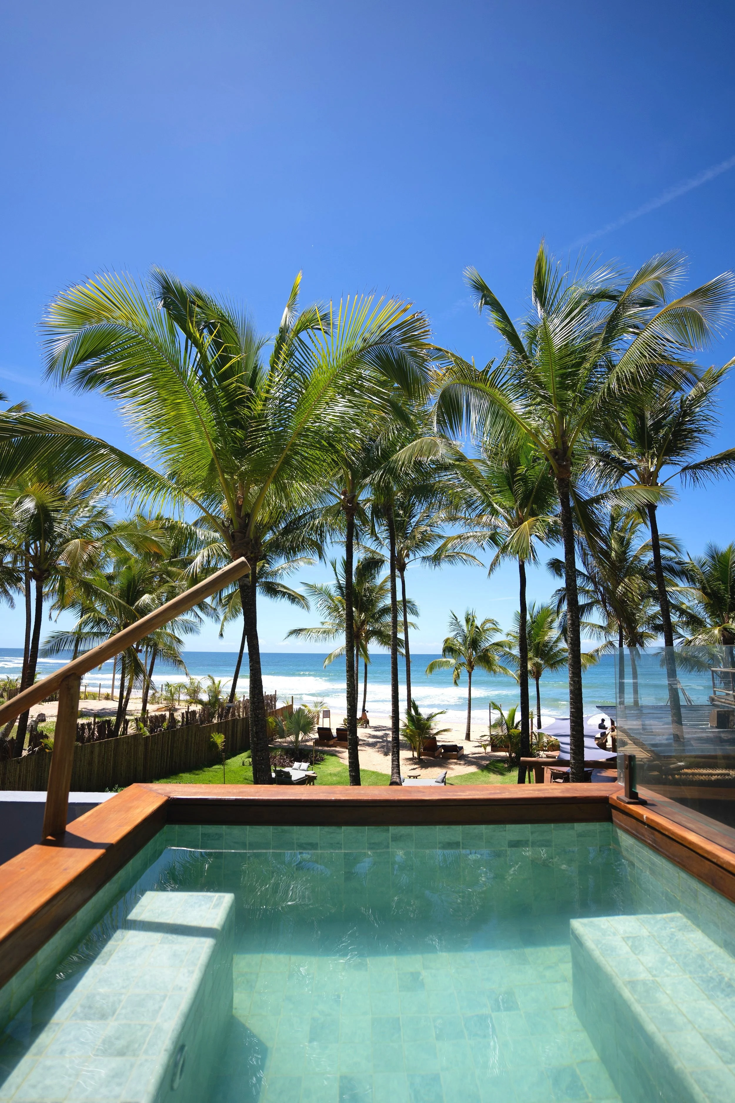 Vista de uma piscina com borda infinita, coqueiros ao fundo e praia com mar azul sob um céu claro.
