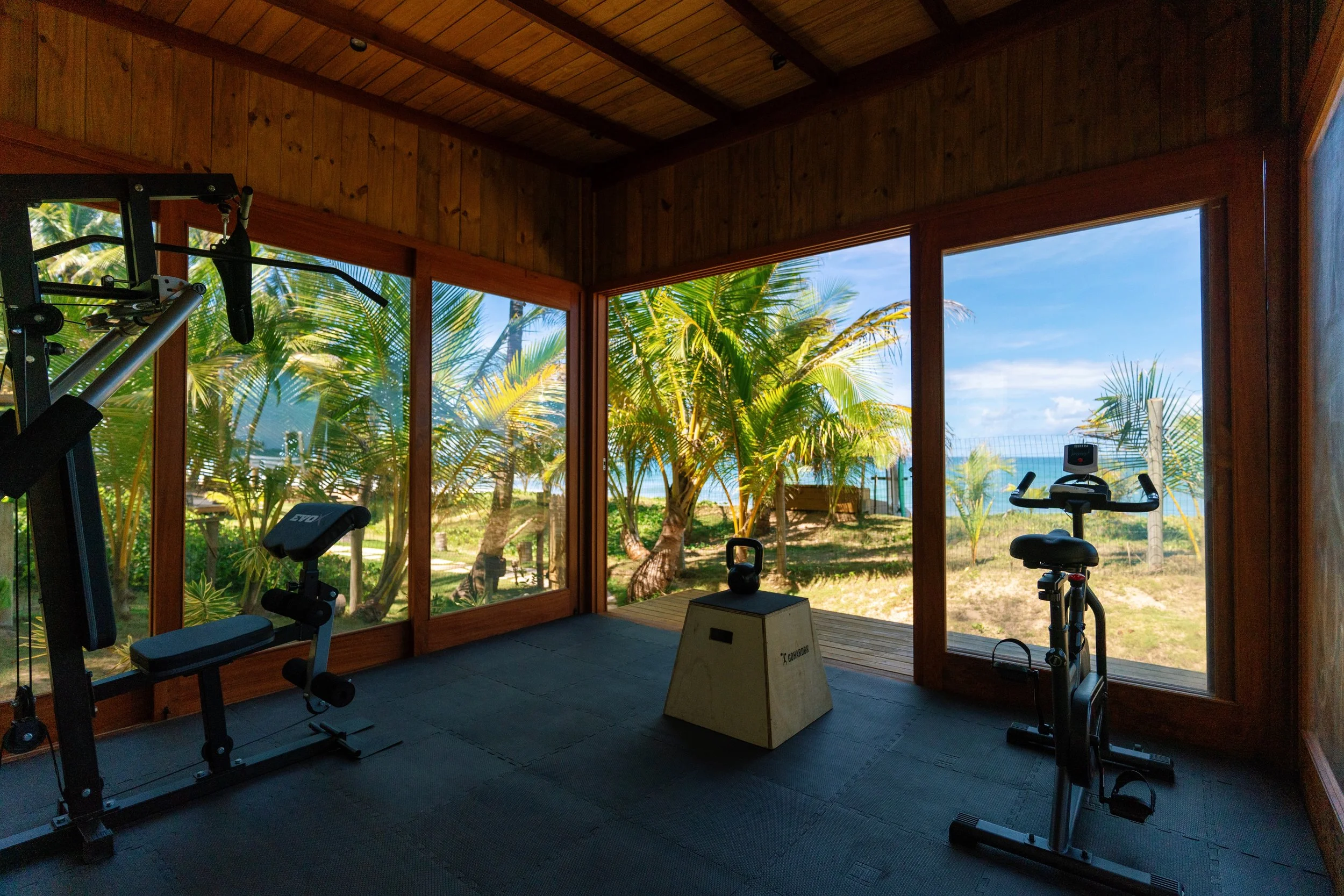 Sala de treino com equipamentos de ginástica, como esteira e bicicletas, ao lado de janelas grandes que mostram palmeiras e céu azul ao ar livre.