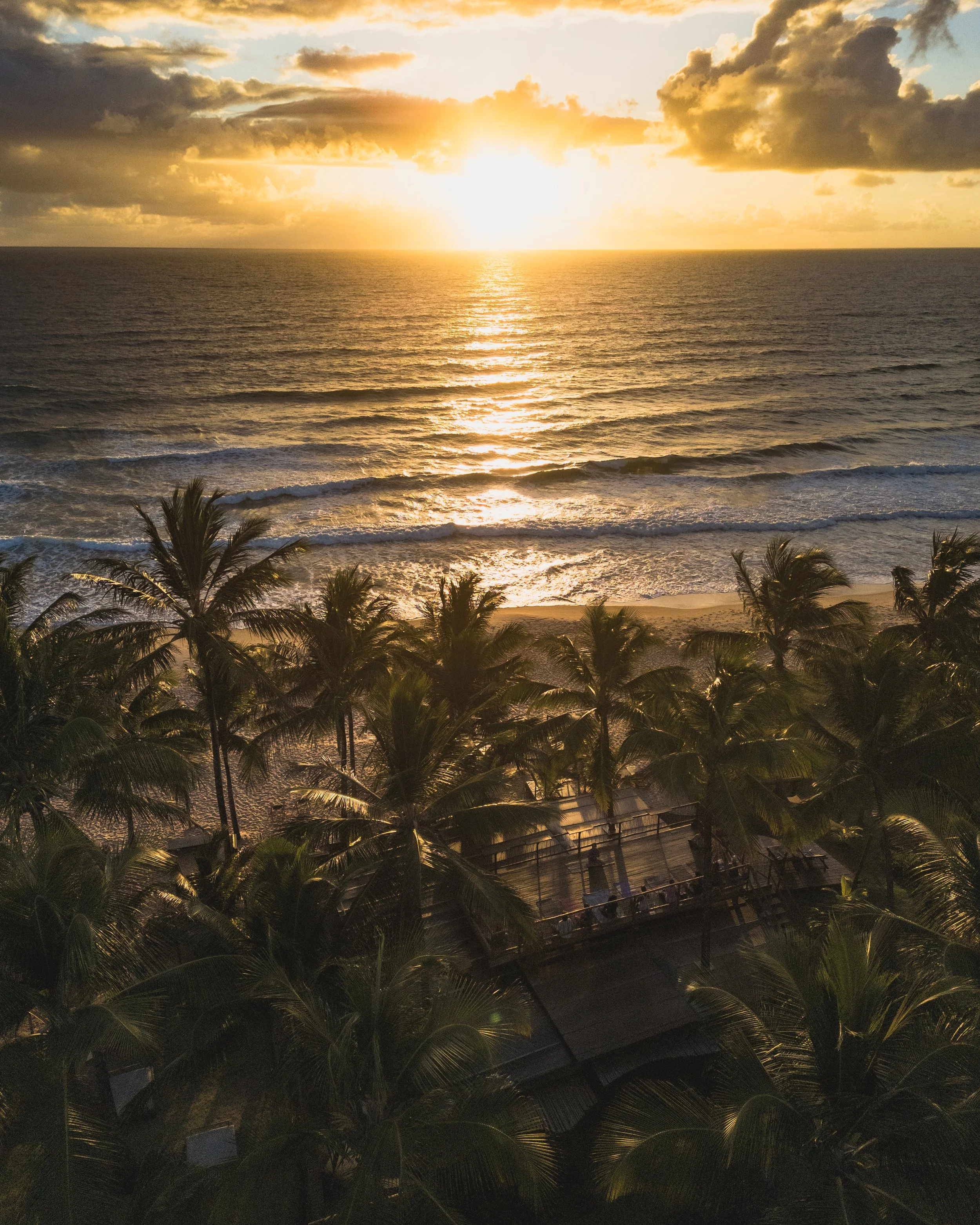 Pôr do sol sobre o oceano visto de uma praia com coqueiros e uma passarela de madeira.