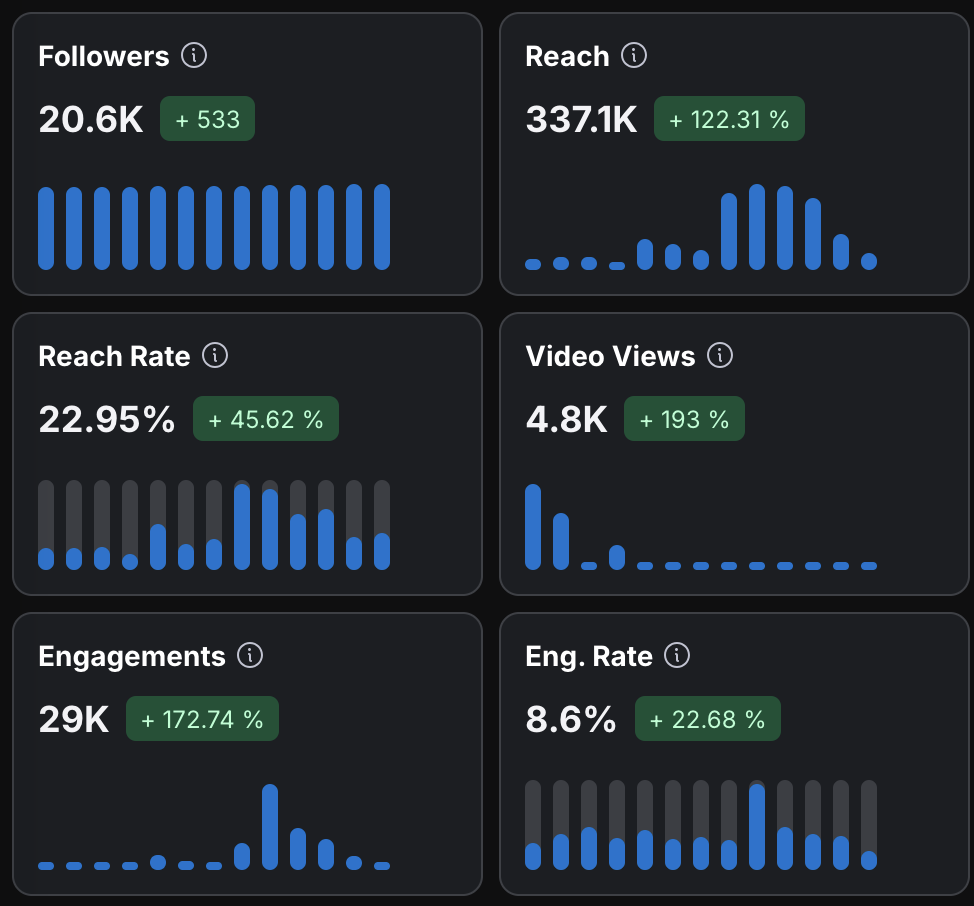 Social media analytics dashboard displaying follower count, reach, reach rate, video views, engagements, and engagement rate with statistical symbols and bar graphs.