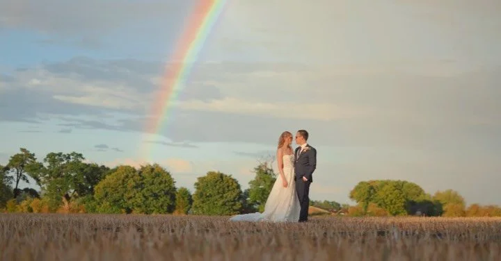Postcards from Keziah & Tom 
1. Sunset & rainbow portrait
2. Bride getting ready 
3. Bride dress & Details
4. Bride portrait & Dress reveal with bridesmaids 
5. Dress reveal with parents 
6. Groom prep 
7. Bride walking down the aisl