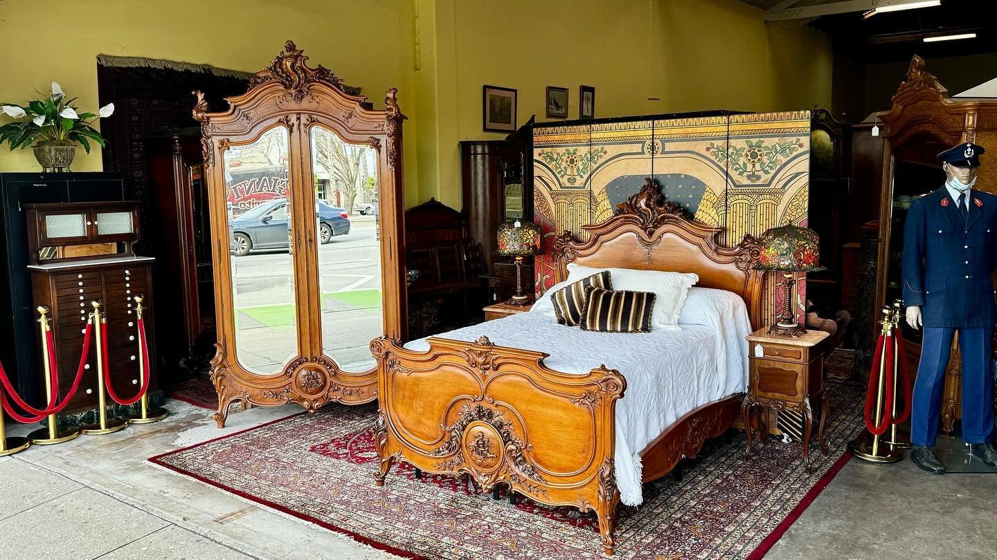 Our latest front display!

* French Louis XV Style Walnut Double Door Armoire - circa 1850
* French Louis XV Style Walnut Bed - circa 1850
* Pr. of French Louis XV Style  Mahogany Nightstands - circa 1900
* Pr. Of Leaded Glads Table Lamps

www.GCSAnt