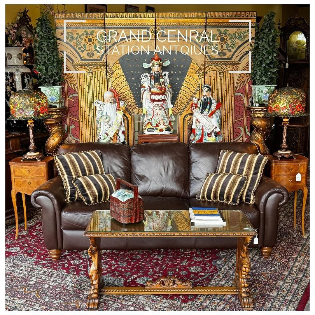 Our latest Front Display Window!
* Contemporary Leather Sofa
* Pr. of Louis XV Style Lamp Table
* Pr. of Large Leaded Glass Table Lamps
* Italian Walnut Coffee Table 
* Chinese Lacquered Lunch Box
* Pr. Copper Gilded Plaster &ldquo;Solomanicas&rdquo;