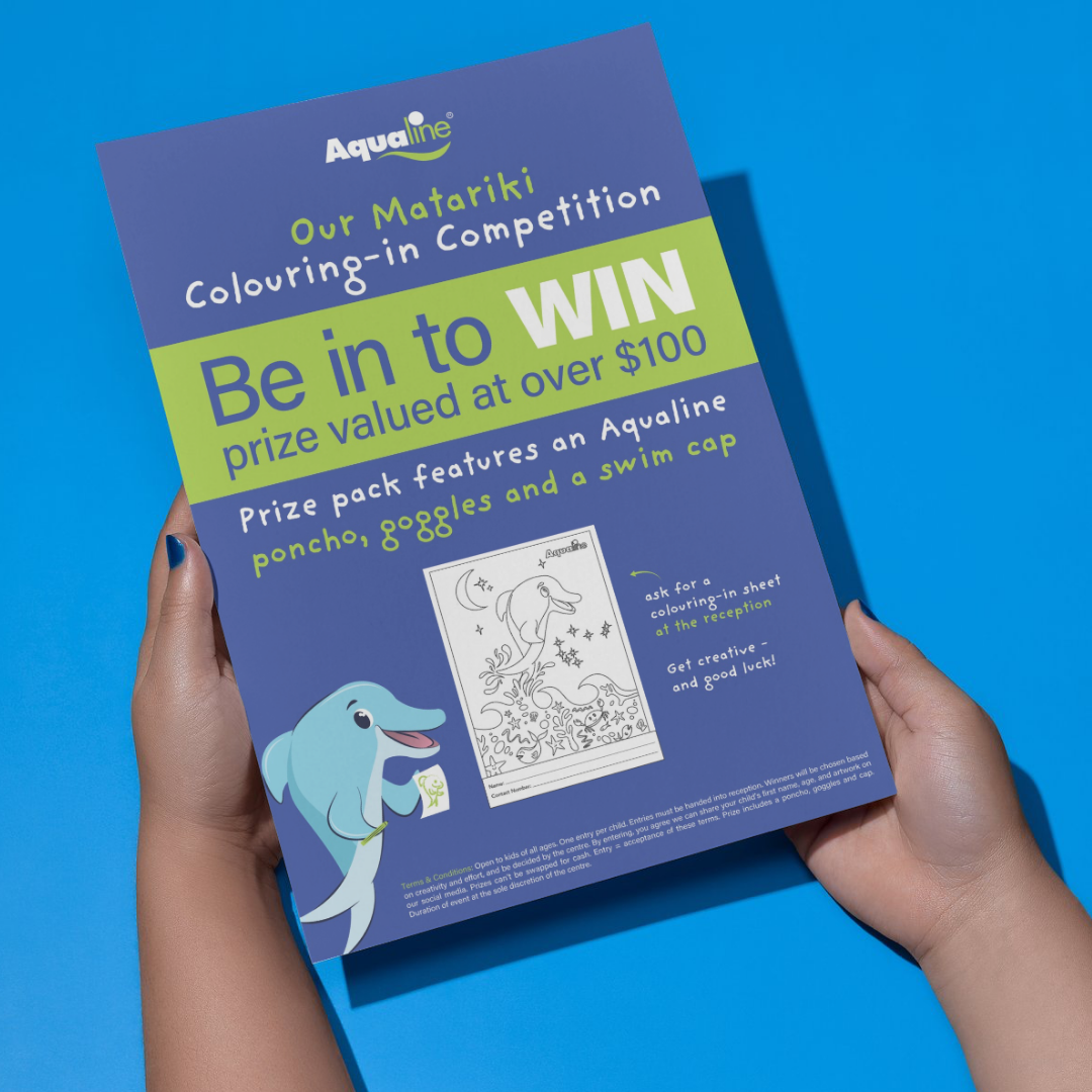 A brochure for Aqualine's Matariki coloring competition, featuring a cartoon dolphin holding a coloring sheet of a dolphin among stars, with instructions to ask for a coloring sheet at the reception and a chance to win over $100.