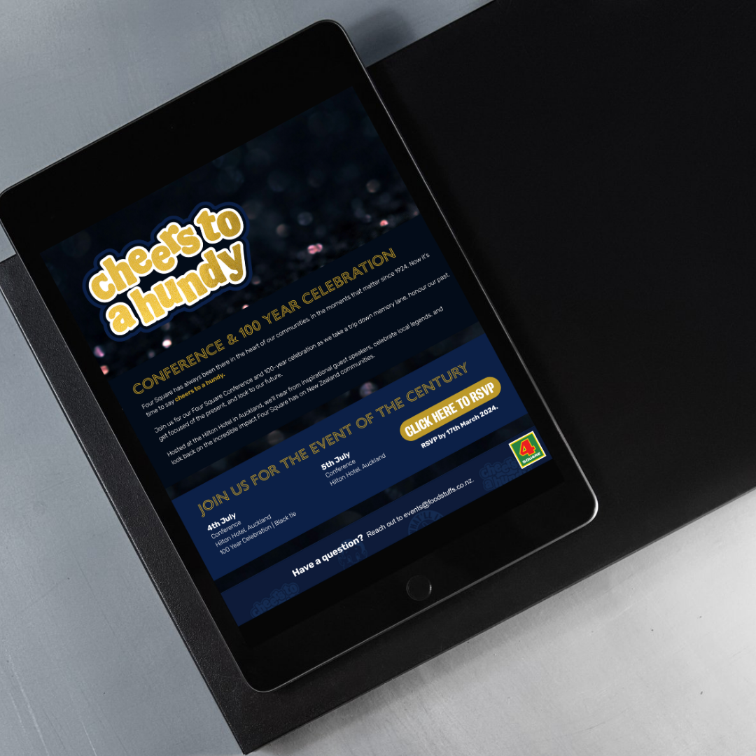 Digital tablet displaying an event invitation for a conference and 100-year celebration, with dates on July 4th and July 5th, 2024, and RSVP information.