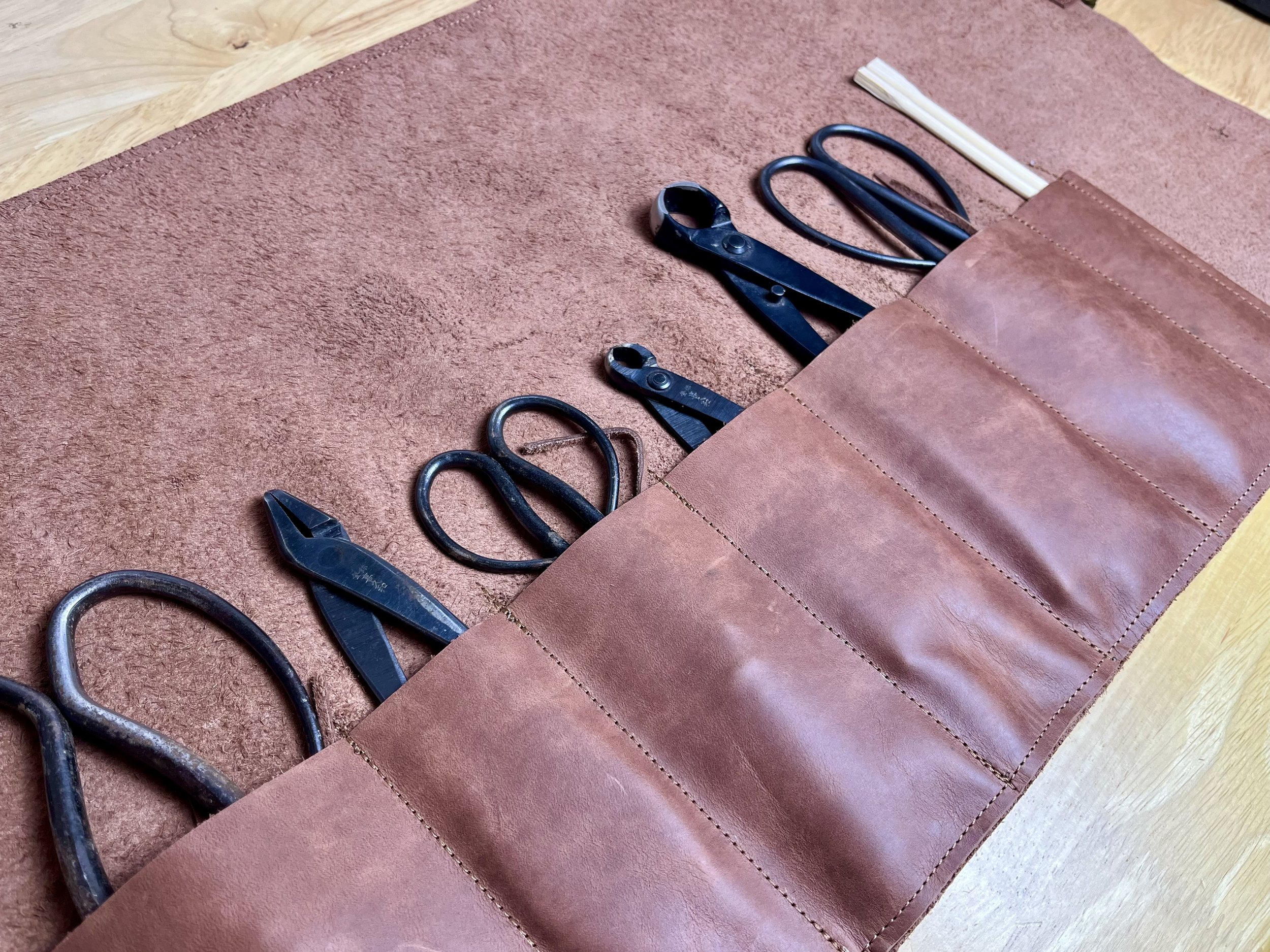 Leather Bonsai Tool Roll- "Redwood"+ BRASS