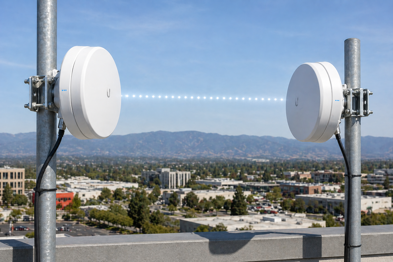 Two outdoor directional antennas mounted on poles, emitting directed signals with a cityscape and mountains in the background.