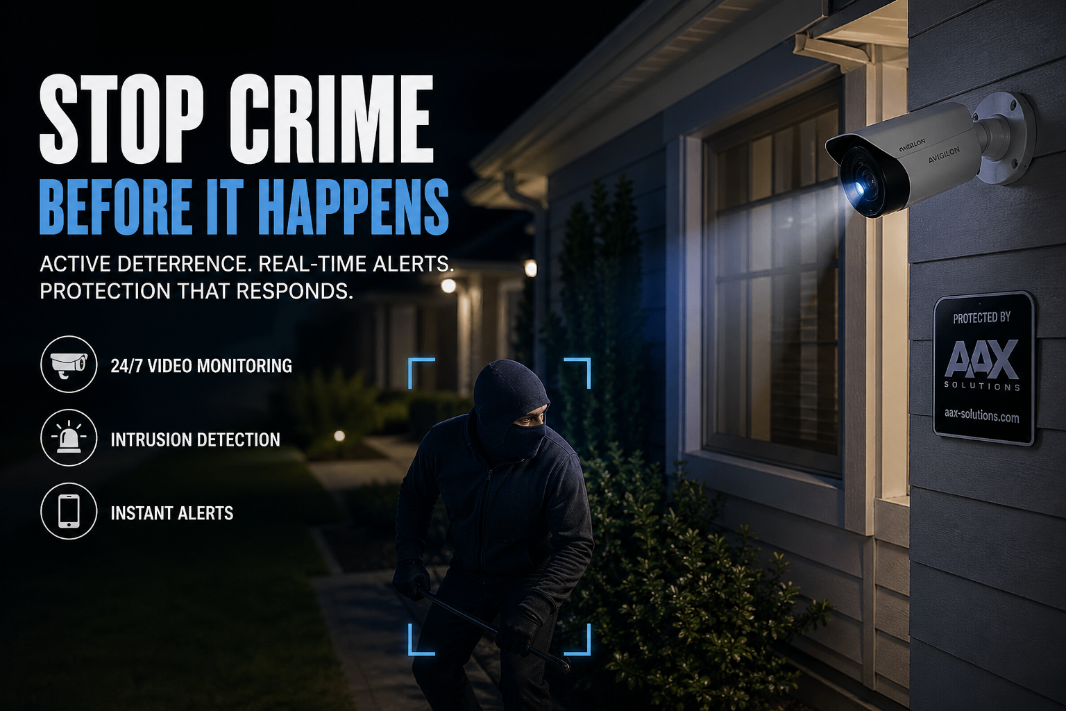 A person in dark clothing and a mask attempting to break into a house at night, near a security camera mounted on the house exterior.