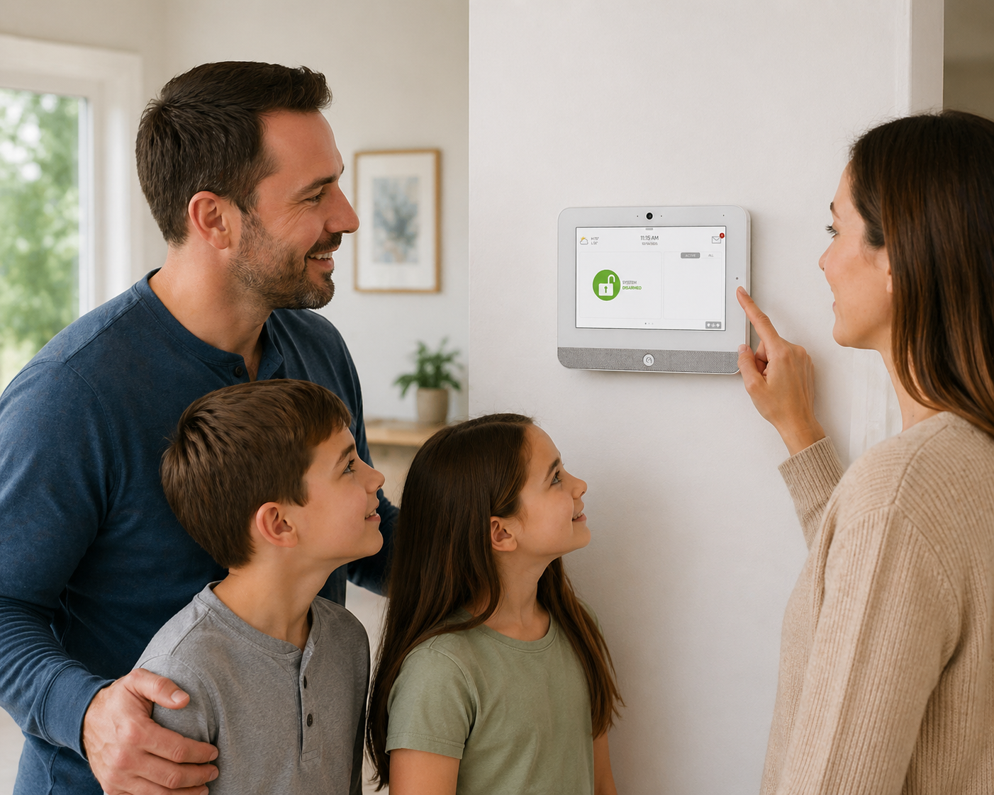 A family of four looking at a home security system touchscreen panel on the wall, with the woman interacting with it and the man and two children watching and smiling.