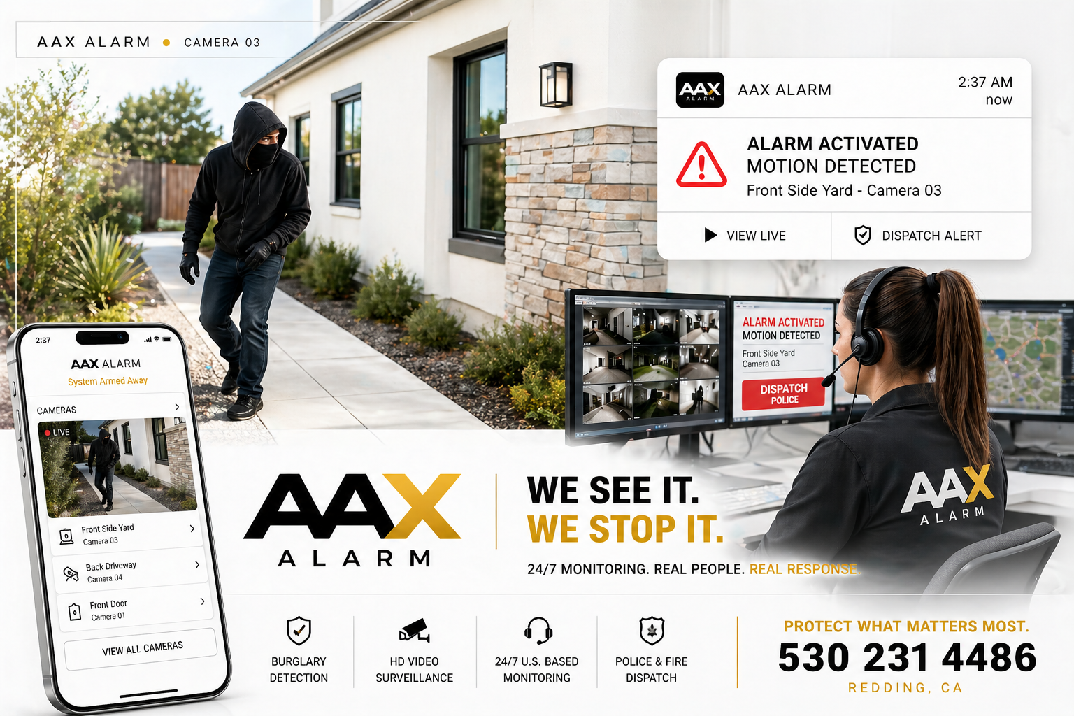 A masked person dressed in black attempting to trespass on a residential property while a security guard monitors security camera footage and receives an alert from an alarm system.