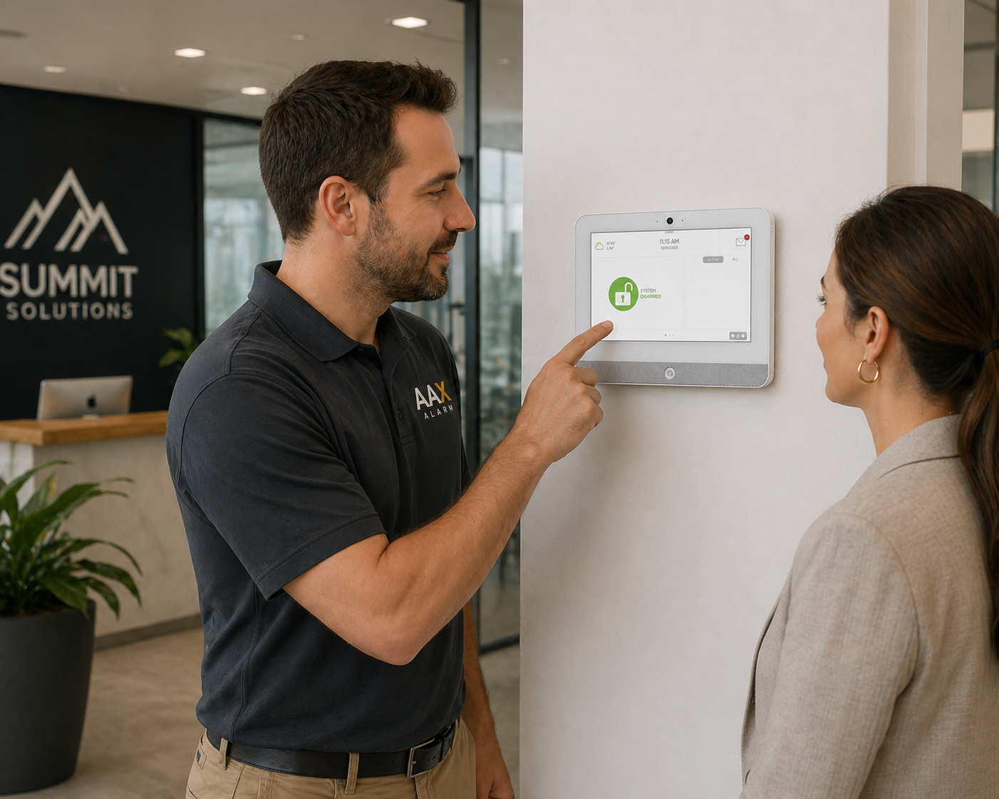 A man in a black polo shirt with 'AAX Alarm' logo pointing at a wall-mounted security system screen with a green lock icon, while a woman listens. The background shows a modern office reception with a black sign reading 'Summit Solutions' and a reception desk.