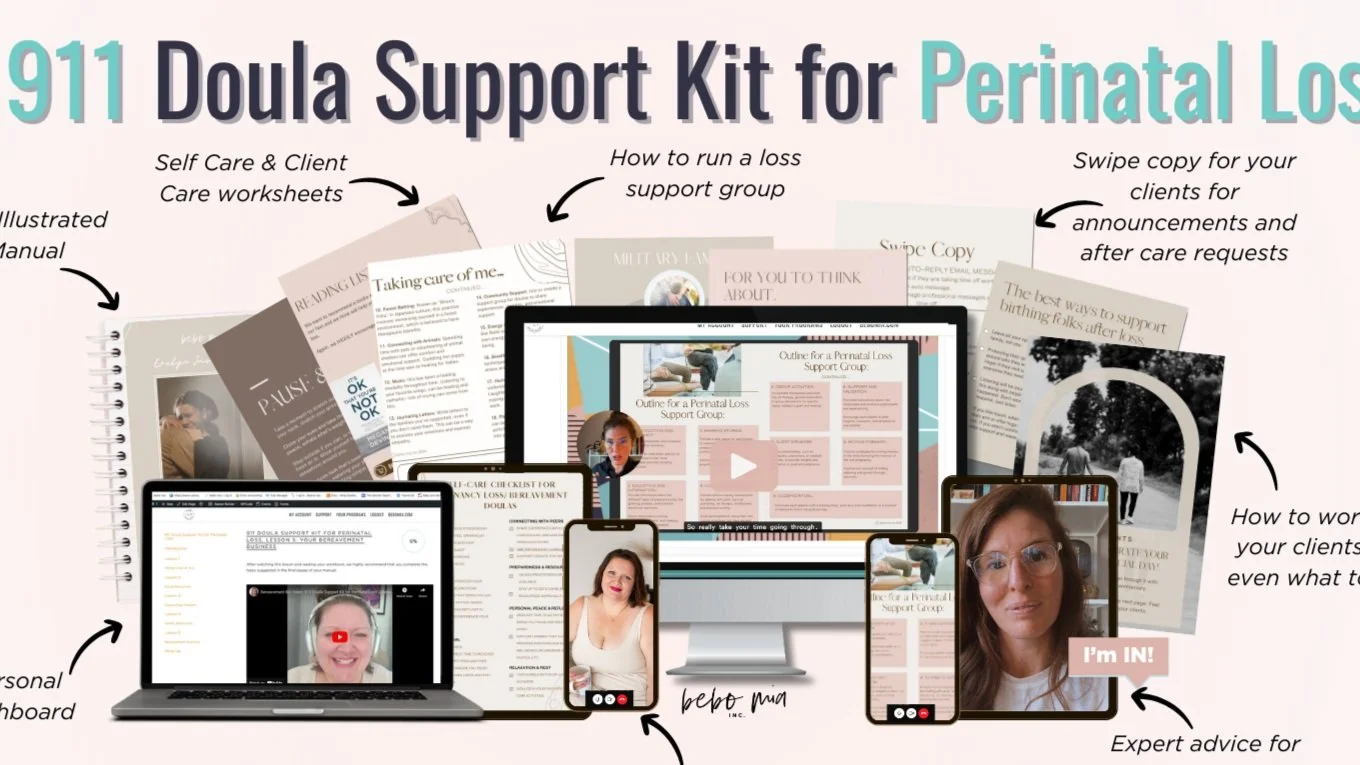 Bebo Mia x Evelyn James Collaboration, Illustrated 911 digital support kit for perinatal loss, featuring manuals, worksheets, video calls, and online resources on various devices including laptops, tablets, and smartphones.