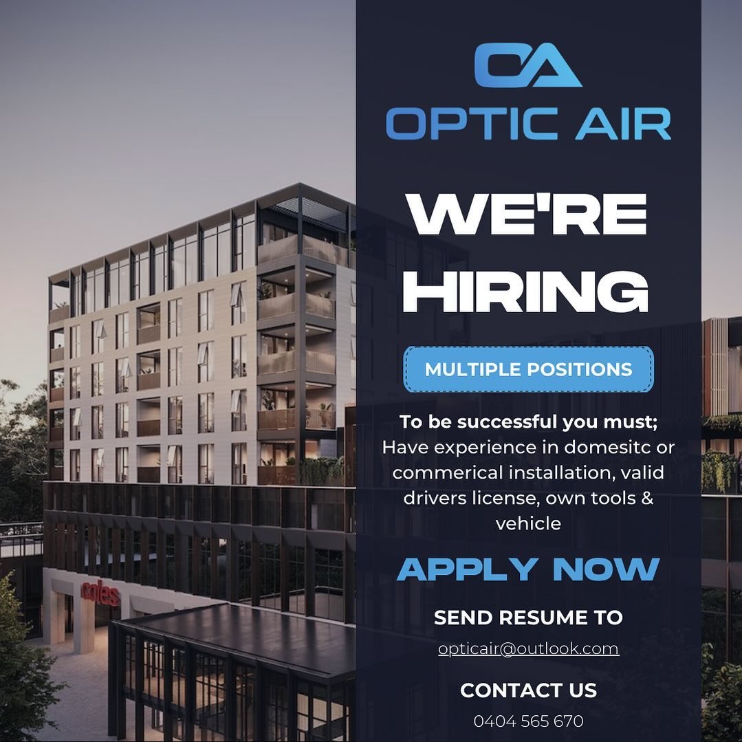 WE ARE HIRING! 🔥

We&rsquo;re looking for passionate individuals with great work ethic and a positive attitude for the following positions;
❄️ Air Conditioning Installer
❄️ Experienced Mechanical Installer
❄️ 2nd OR 3rd Year Air Conditioning Apprent