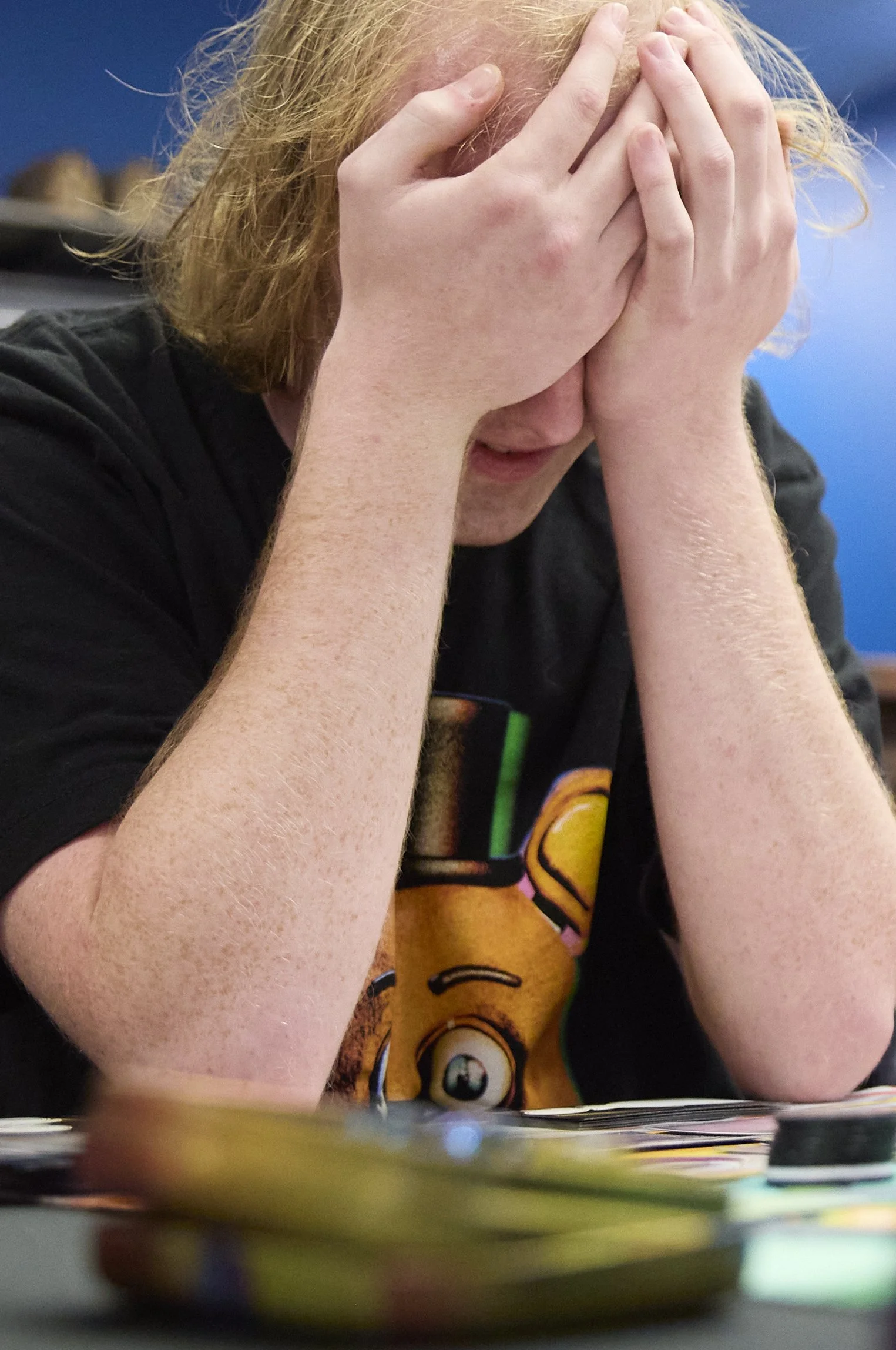 Koen Sanders is in disbelief after making a wrong move at the end of his Pokémon game on Oct 27, 2025, at Deep Dive Games in Athens, Ohio. 
