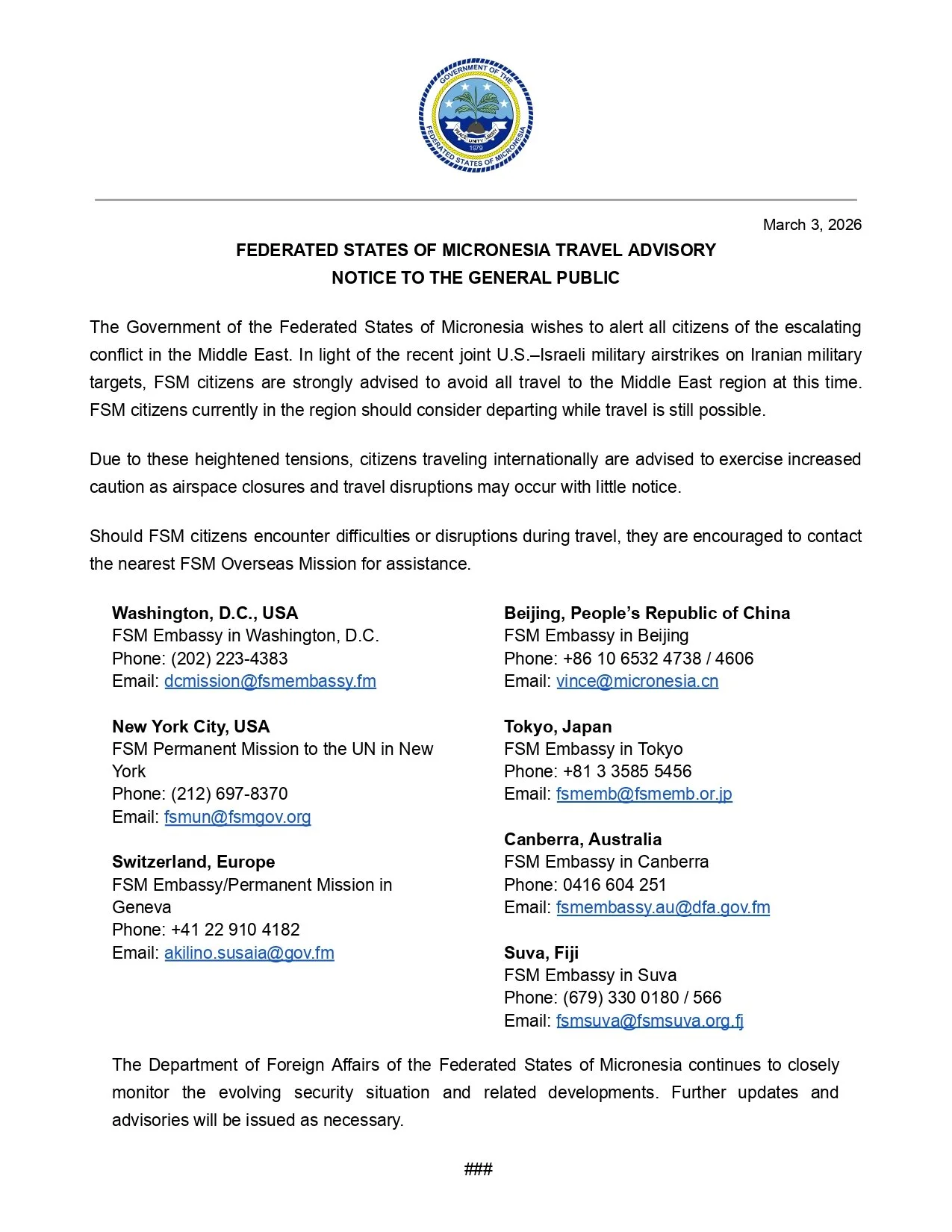 Federated States Of Micronesia Travel Advisory Notice To The General Public