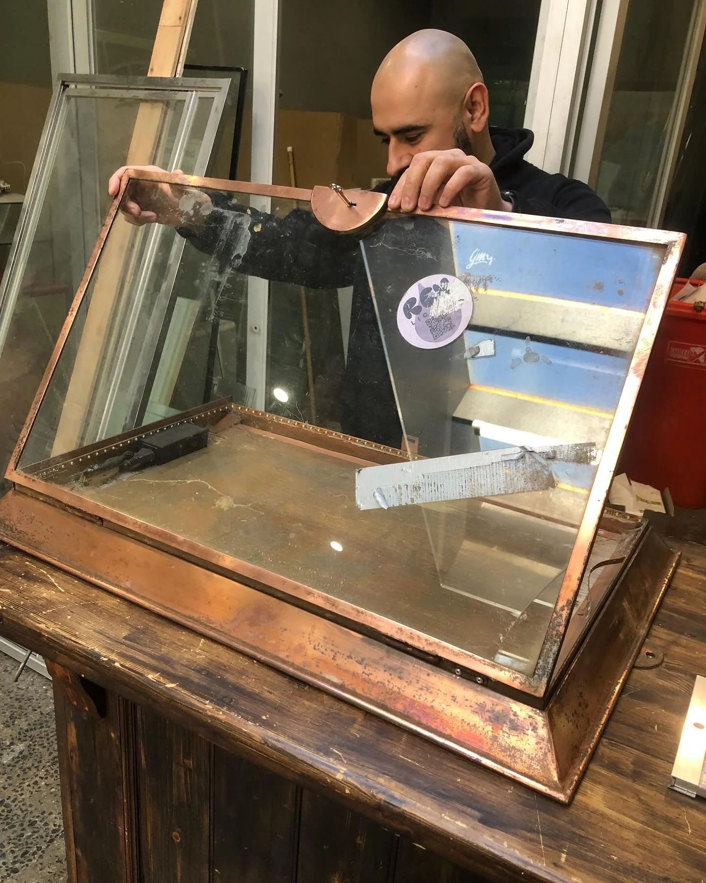We&rsquo;ve made great progress cleaning this rare, copper menu cabinet which will adorn Zareh, the new middle eastern restaurant by renowned chef Tom Sarafian. To complete the restoration process we took the cabinet to Kosta at GM glass to install a