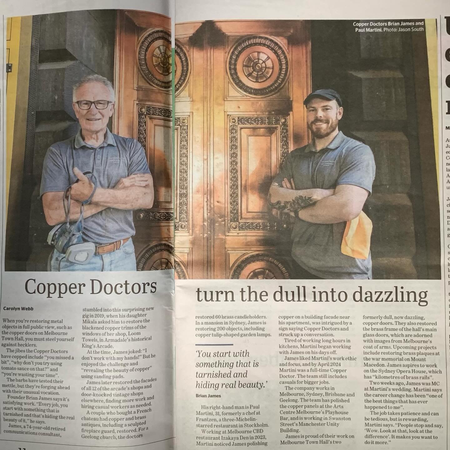 It was satisfying for Paul and I to be featured in today&rsquo;s Age newspaper, standing in front of the Melbourne Town Hall doors.