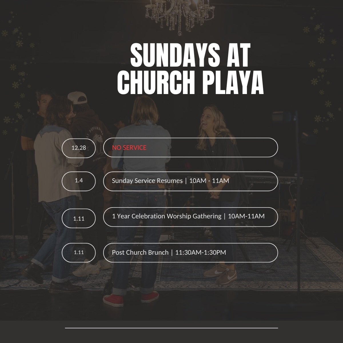 NO SERVICE TODAY! But we&rsquo;ll see you next Sunday at our normal worship gathering! 

Then mark your calendars for a very special service on January 11th as we celebrate ONE YEAR as a community!! 

See you next Sunday church fam!