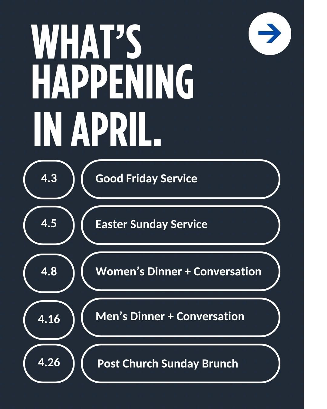 Kicking off the month with a special weekend. ✝️💐

Check out what&rsquo;s happening in April!! 

Swipe through to get details on each event, all registration links in our bio!