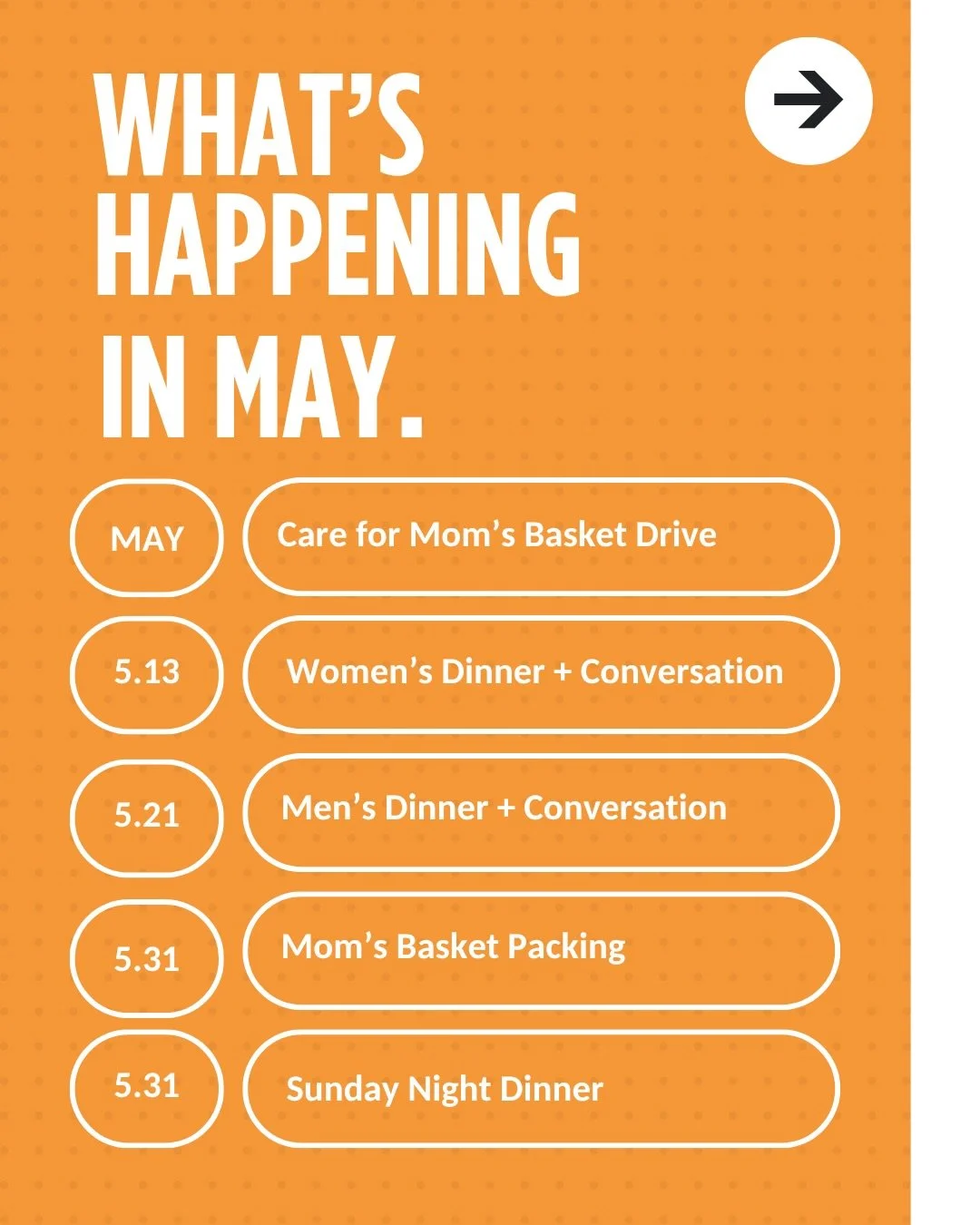 A new month is here &mdash; and new opportunities to connect and serve! 

Here&rsquo;s whats happening in May!

Swipe through for details, and grab registration links in our bio. 🙌🏼✨