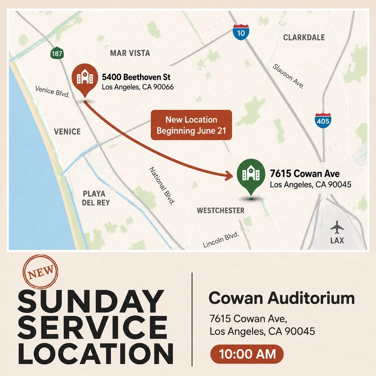 We are so excited to welcome you to our new church home THIS SUNDAY!!

Join us at Cowan Auditorium: 📍7615 Cowan Ave, Los Angeles, CA 90045

👀 What to expect:
 ☕ 9:30 AM &mdash; Coffee + Connection 👧 9:45 AM &mdash; CCP Kids Check-In 🙌 10:00&ndash