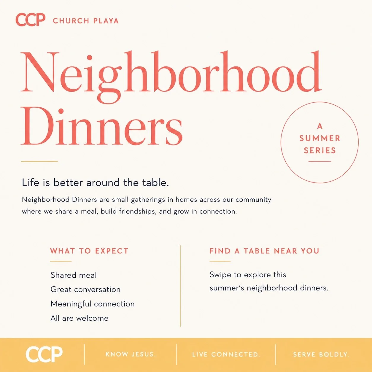 🍽️ Life is better around the table.

🏡 Neighborhood Dinners are one of the ways we practice living connected&mdash;sharing meals, slowing down, and creating space for meaningful conversation.

☀️ This summer, we&rsquo;re gathering in homes across o