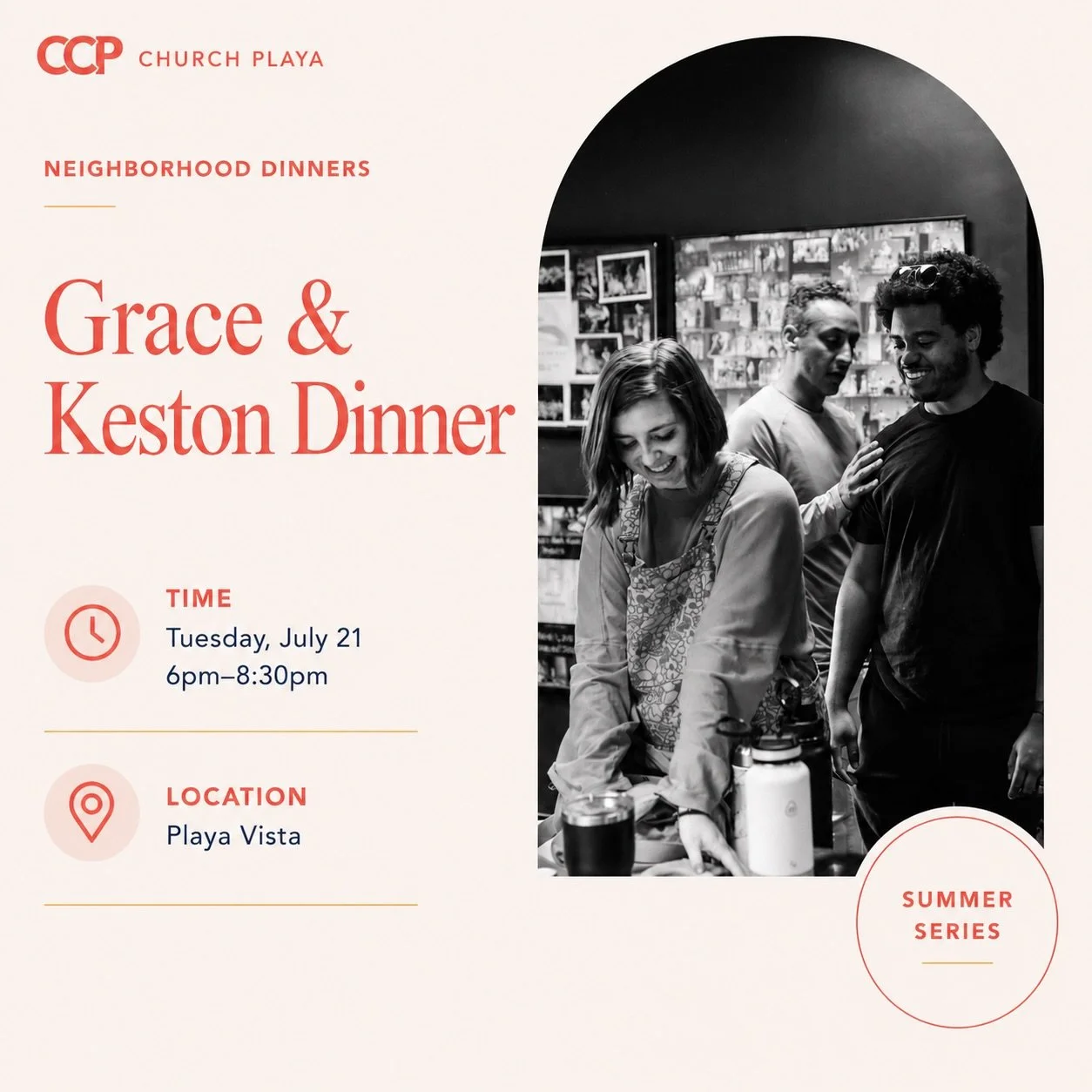 Only 3 seats left at the table &mdash; We&rsquo;d love for one of them to be yours!

Join us Tuesday evening in Playa Vista for Grace &amp; Keston&rsquo;s Neighborhood Dinner&mdash; dinners for a smaller gathering centered on connection, friendship, 