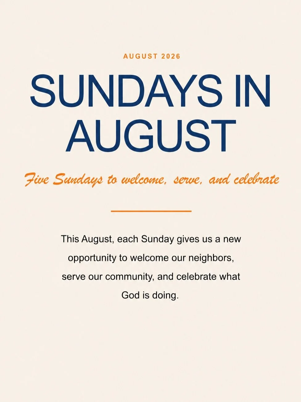 🤍 Five Sundays. One heart for our neighborhood.

This August, we&rsquo;re setting aside each Sunday as an opportunity to love our city in practical ways.

As our community continues to grow, we&rsquo;re excited to introduce ourselves to our neighbor