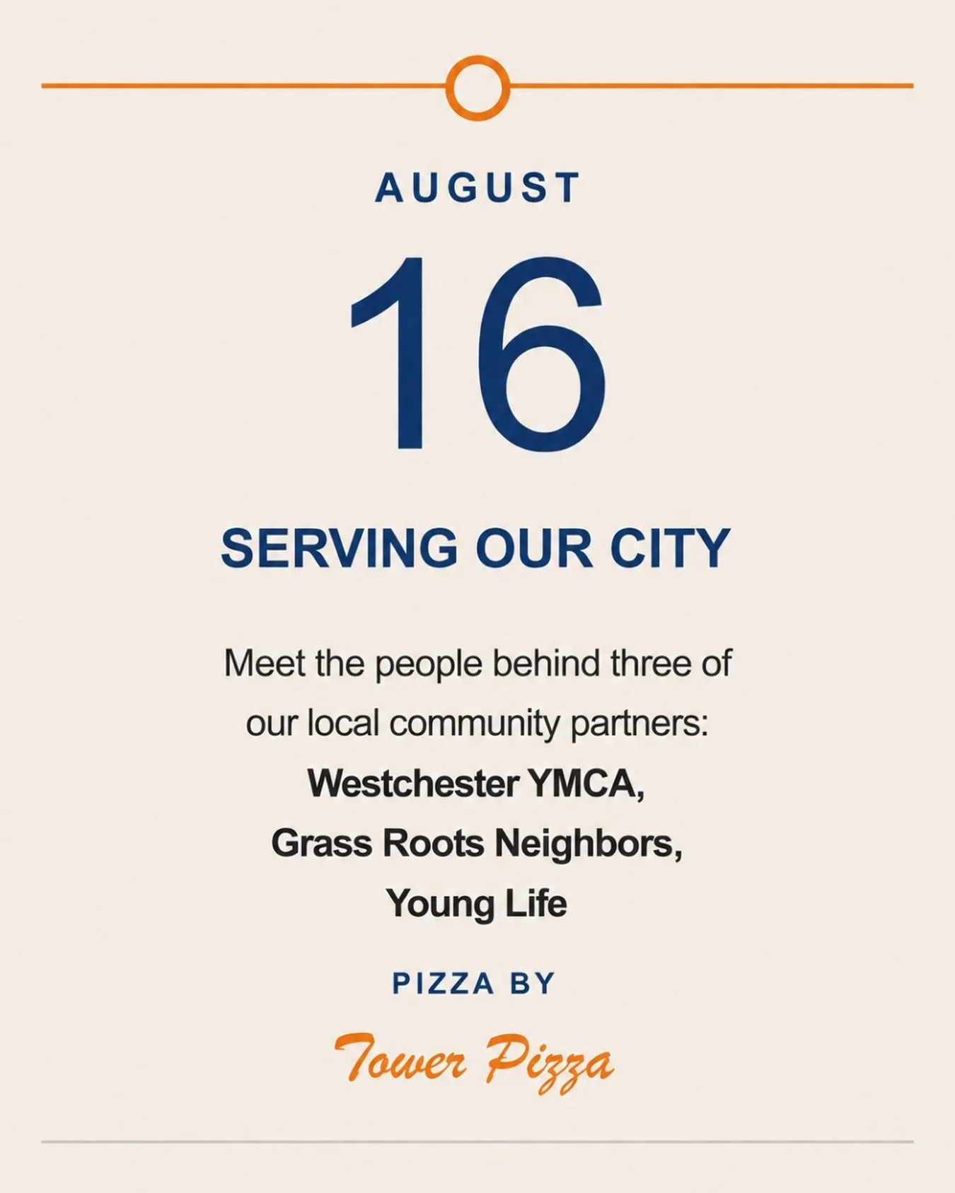 🤍 Tomorrow, we&rsquo;re continuing our Sundays in August with a focus on Serving Our City.

Join us as we  hear from the people behind three of our community partners: Westchester YMCA, Grass Roots Neighbors, and Young Life. 

Come learn more about 