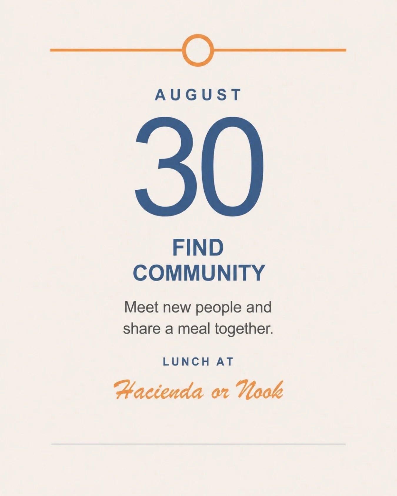 🤍 Tomorrow, we&rsquo;re wrapping up our Sundays in August by doing one of our favorite things&mdash;sharing a meal together.

After worship, we&rsquo;re heading out for lunch at Hacienda or Nook, and everyone in our community is invited! Whether you