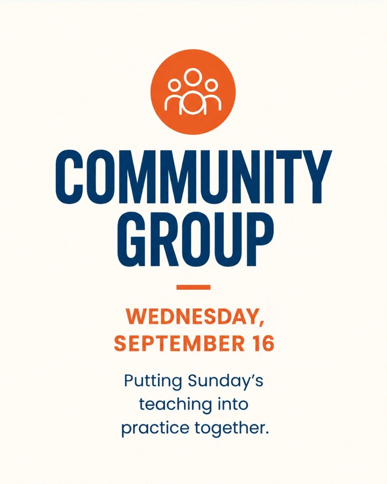 Community Group launches TOMORROW! 🧡

Community Group is a place to take Sunday&rsquo;s teaching into everyday life &mdash; sharing dinner, reflecting on the message, and growing alongside one another as we put faith into practice together.

Come jo