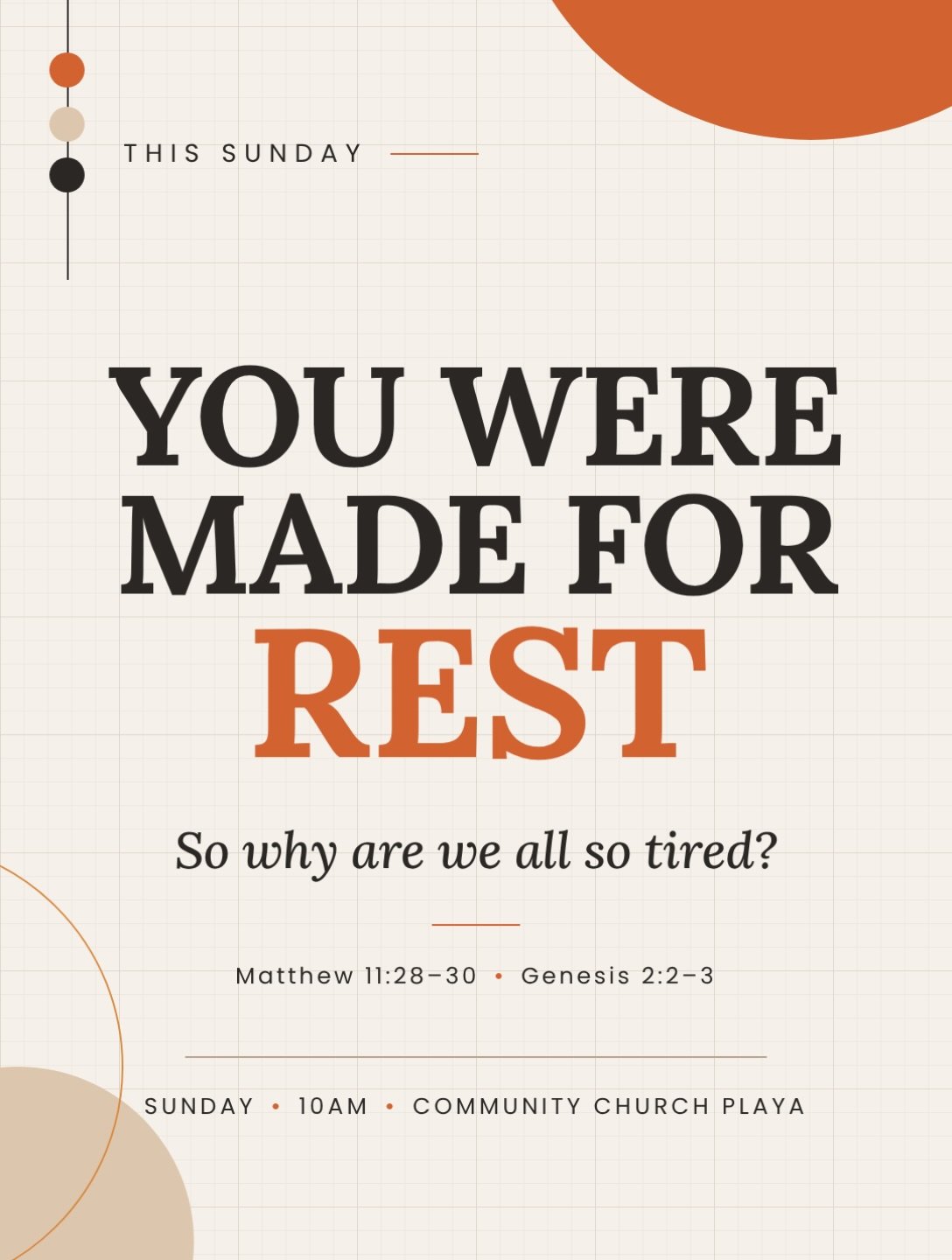 You were made for rest.

Before there was sin, exhaustion, or a to-do list, God built rest into creation. Rest wasn&rsquo;t a reward for finishing&mdash;it was part of the design.

Yet so many of us live at a pace we can&rsquo;t sustain, saving rest 
