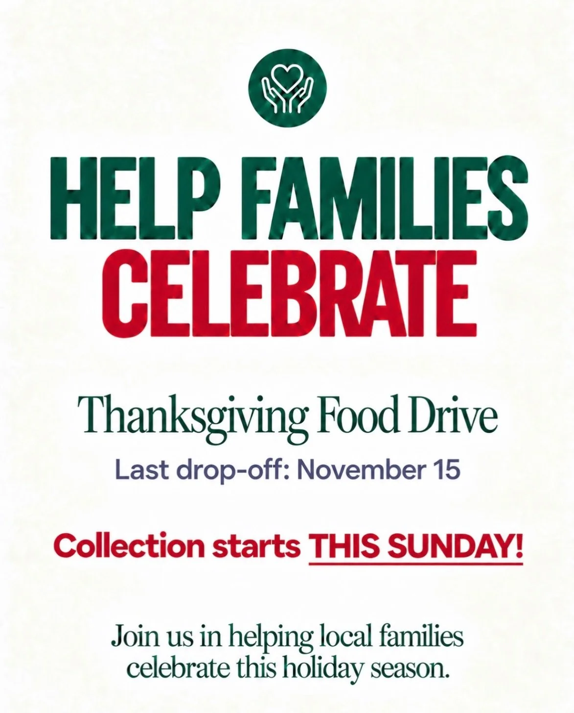 Bring your Thanksgiving sides THIS SUNDAY! 🥫❤️

Starting this weekend, we&rsquo;ll be helping local families celebrate the holiday season&mdash;beginning with our Thanksgiving Food Drive running THIS SUNDAY, November  to November 15th.

ITEMS TO BRI