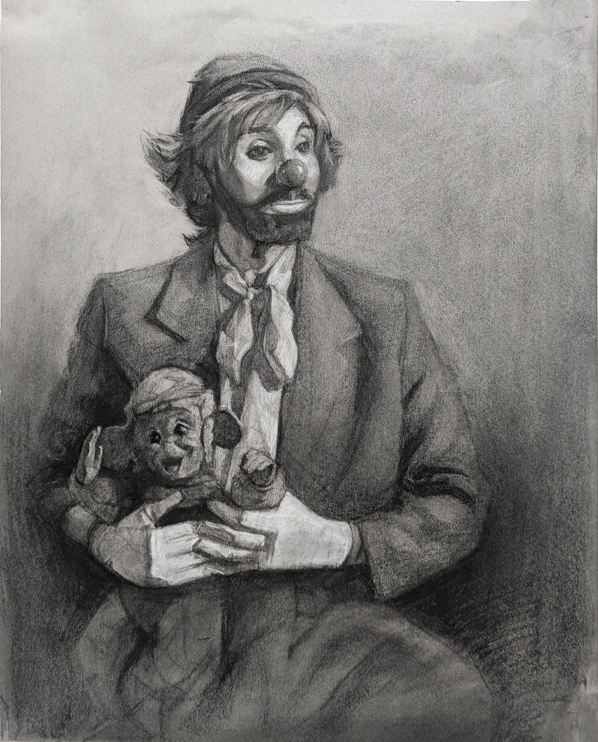 A Clown and His Puppet, 20" x 16", Charcoal on toned paper, 2026