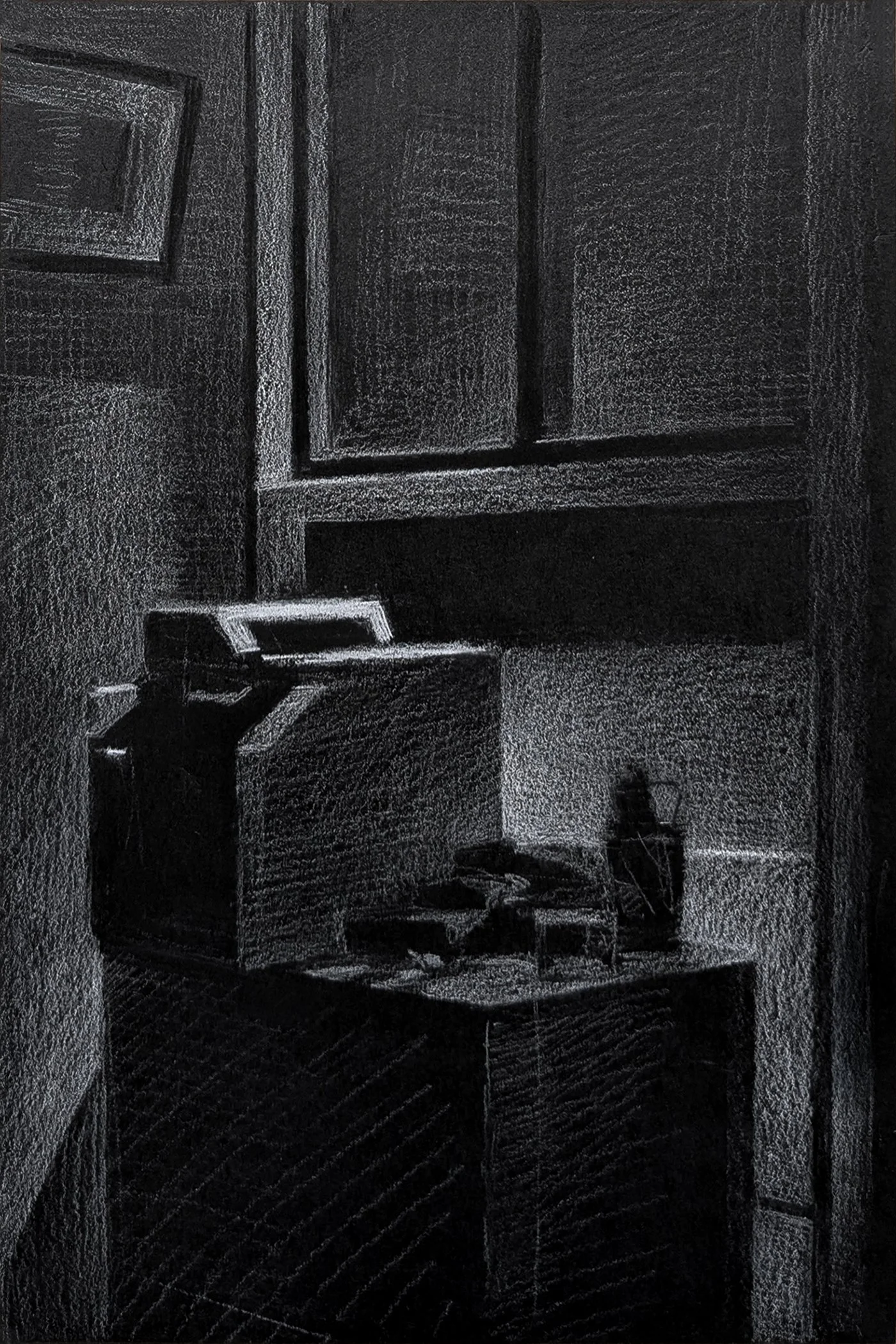 Printer Table, 9" x 6", White charcoal on black paper, 2026