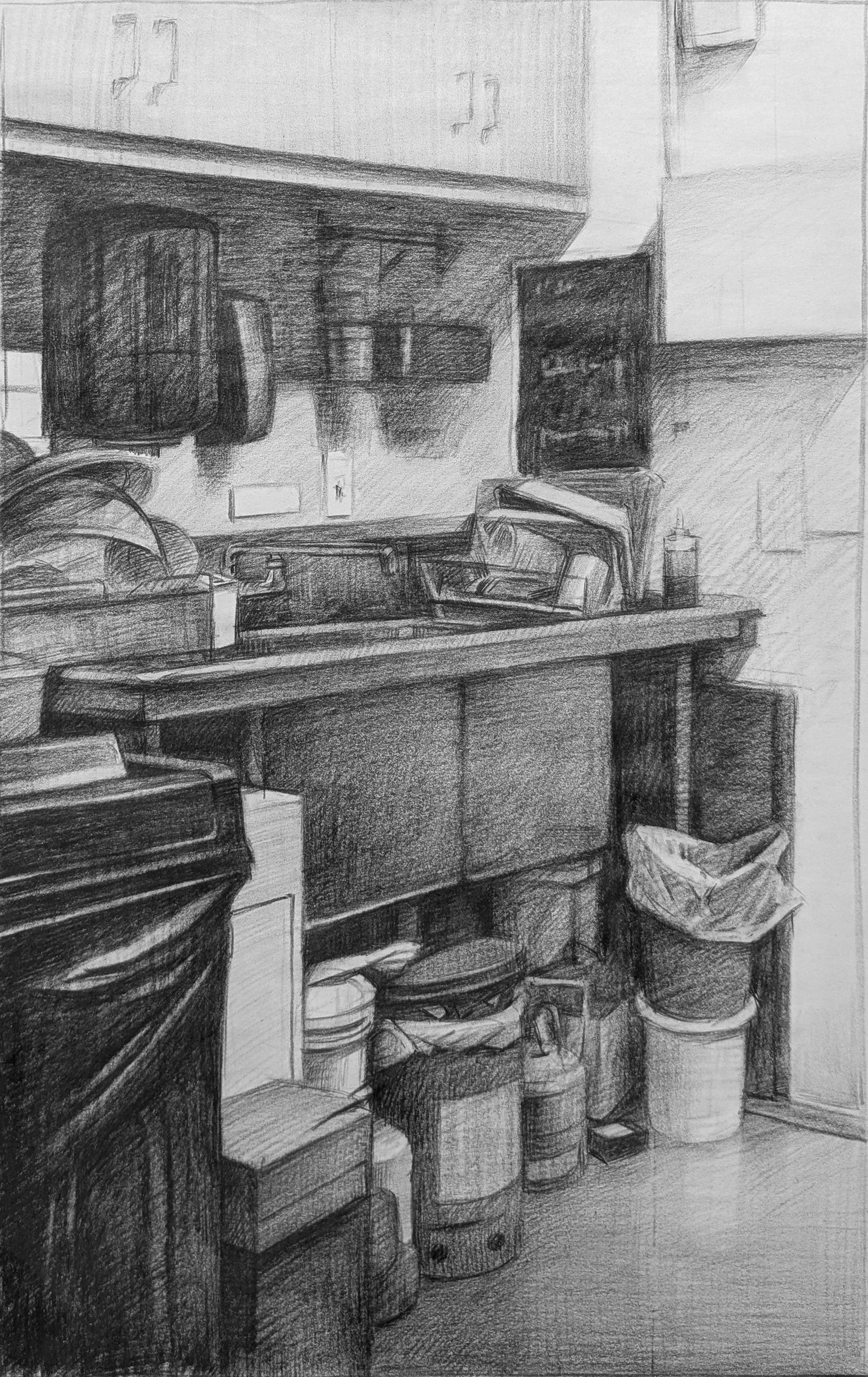 Kitchen, 17" x 11", Pencil on paper, 2026